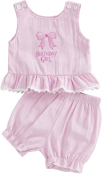 Kayotuas Baby Girl Birthday Outfit Bow Cupcake Embroidery Ruffle Tank Top Bubble Shorts Infant Gingham Outfits Summer Clothes