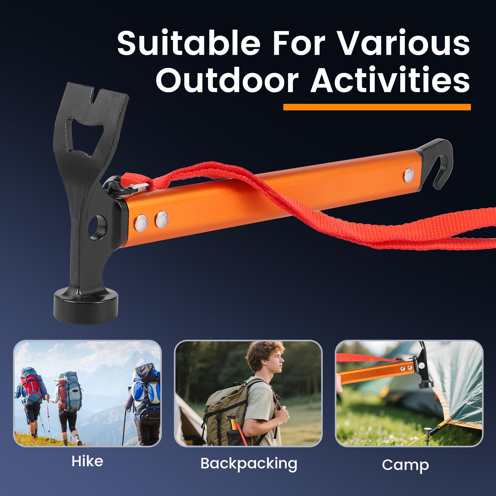 Camping Hammer Zelthammer mit Heringsauszieher Handschlaufe Robuster Zelt Hering Hammer für Zelt, Hartboden, Outdoor(Orange)