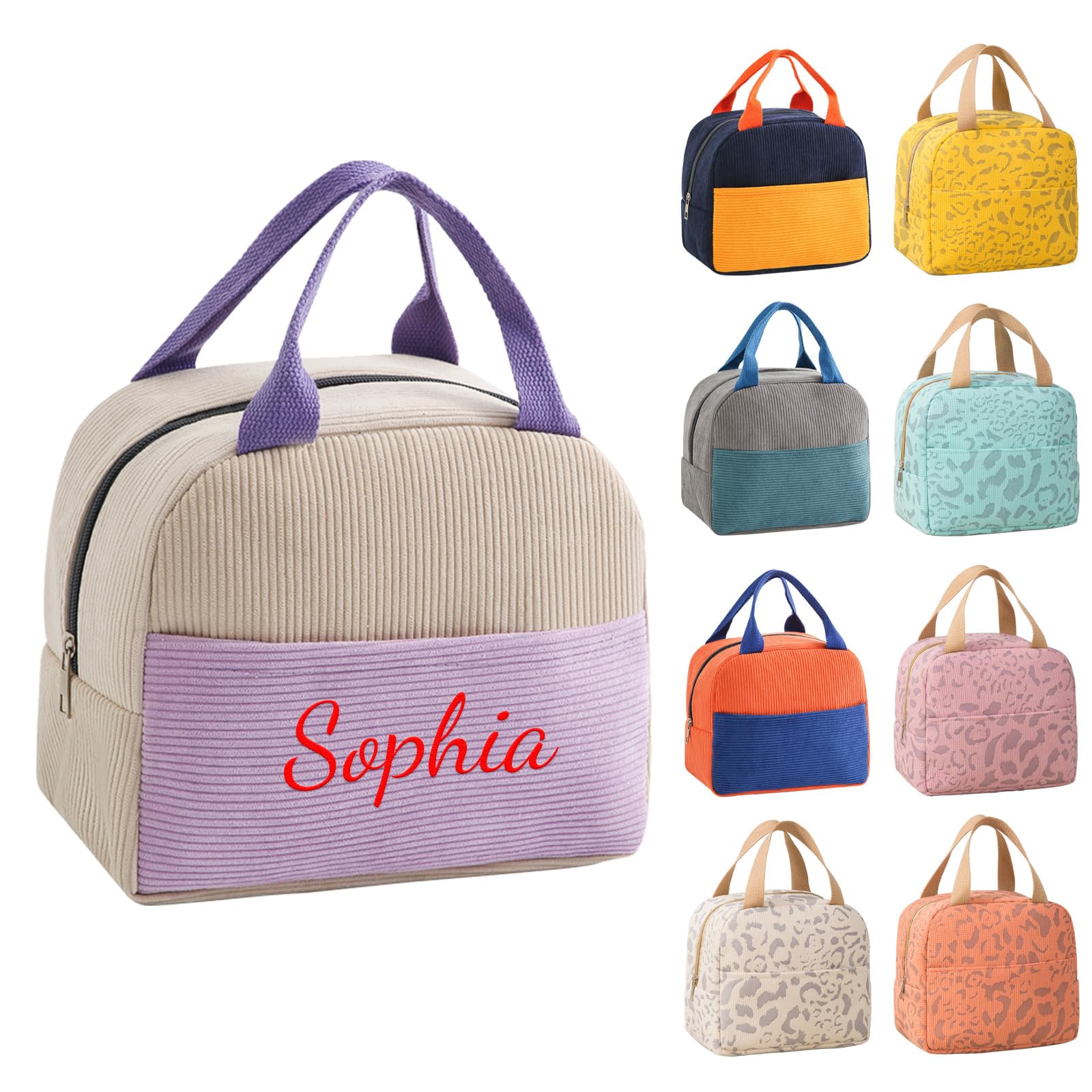 Personalised Embroidered Lunch Bag for Women Kids Adults, Custom Name Insulated Waterproof Lunch Tote Bag, Reusable Lightweight Lunch Box for School Work Office Picnic Travel (Purple)