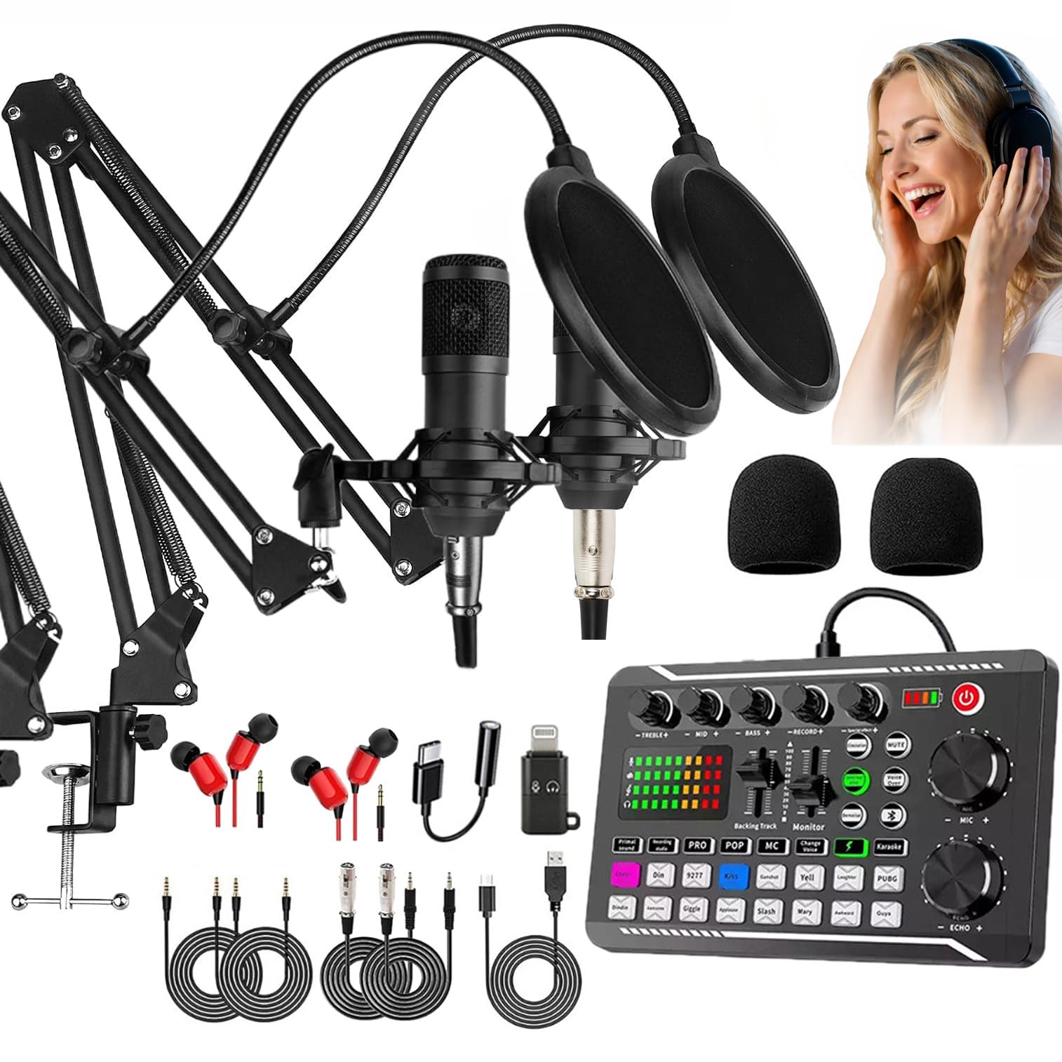 Kit Di Attrezzatura per Podcast per 2 Persone,2 Microfoni per Podcast + Cambiavoce + 2 Convertitori,Braccio a Forbice Regolabile per Microfono,Ideale per Microfono Da Gioco,Canto,Streaming Live Black