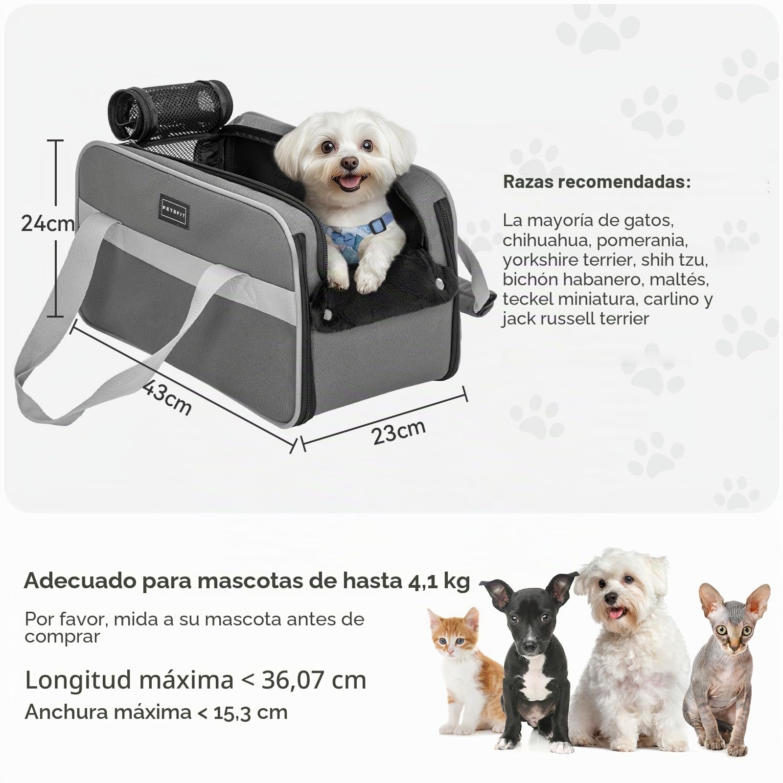 PETSFIT Asiento Coche Perro Pequeño - Multifuncional con Banda de Seguridad, Transportín Perro Coche y Bolsillos