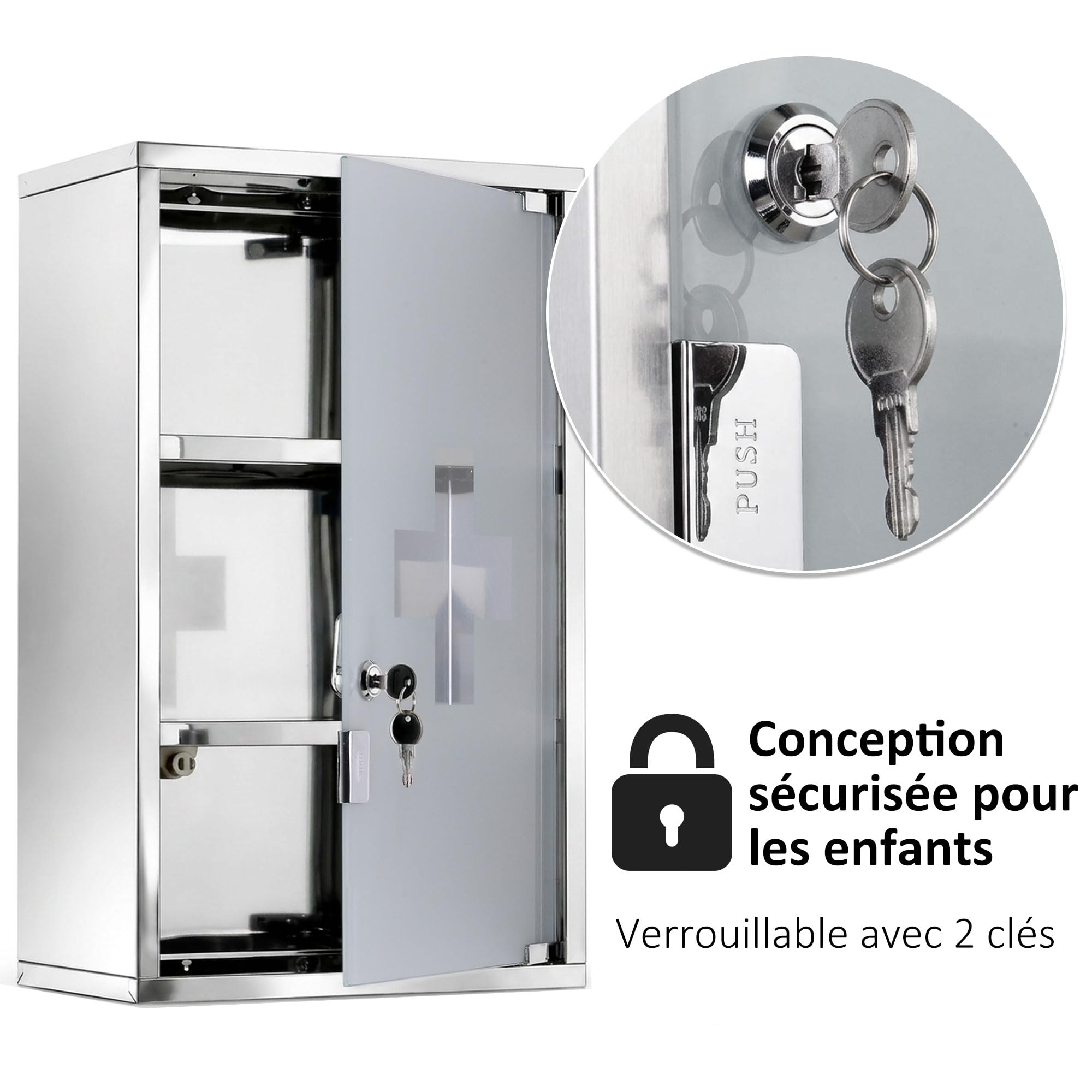 HOMCOM Armoire à Pharmacie Murale à 3 Niveaux en Acier Inoxydable avec Porte verrouillable en Verre avec 2 clés étagères de Rangement Argent