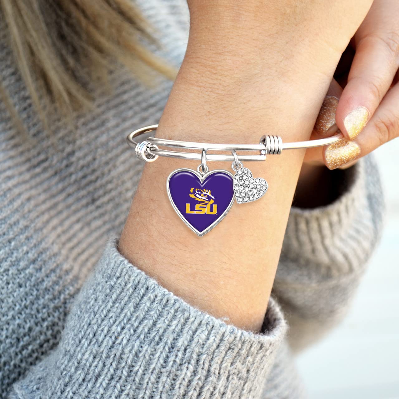 LSU Tigers Amara Crystal Heart Silver Bangle Bracelet Jewelry Gift