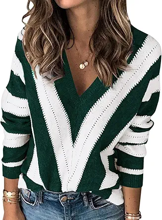 PRETTYGARDEN Sweaters for Women 2025 Long Sleeve Striped Knitted V Neck Pullover Jumper Tops Fall Outfits Fashion Clothing