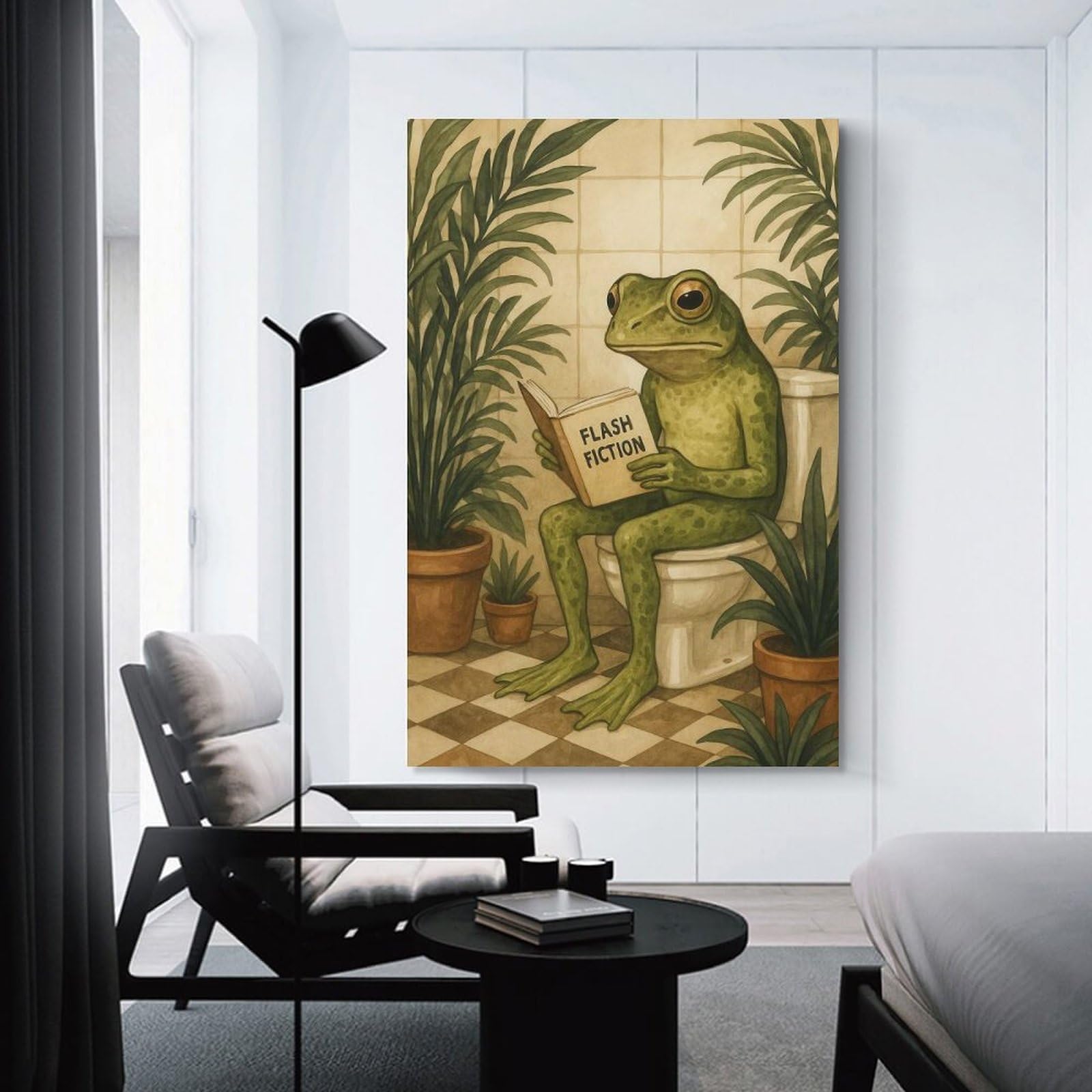 Junmoney Frog Reading Flash Fiction on Toilet Home Decor Wall Art, 24x36inch(60x90cm), for Lounge, Bedroom Or Personal Spaces, Gift Idea for Housewarming And Birthdays