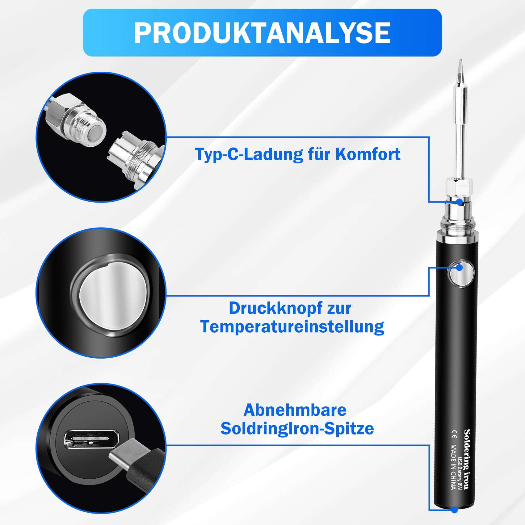 KKMOL zestaw do lutowania, akumulator USB do lutowania z 3 stopniami regulacji temperatury 330°C – 450°C, 3 groty lutownicze, stojak do lutownicy, drut lutowniczy, profesjonalna bezpieczna lutownica