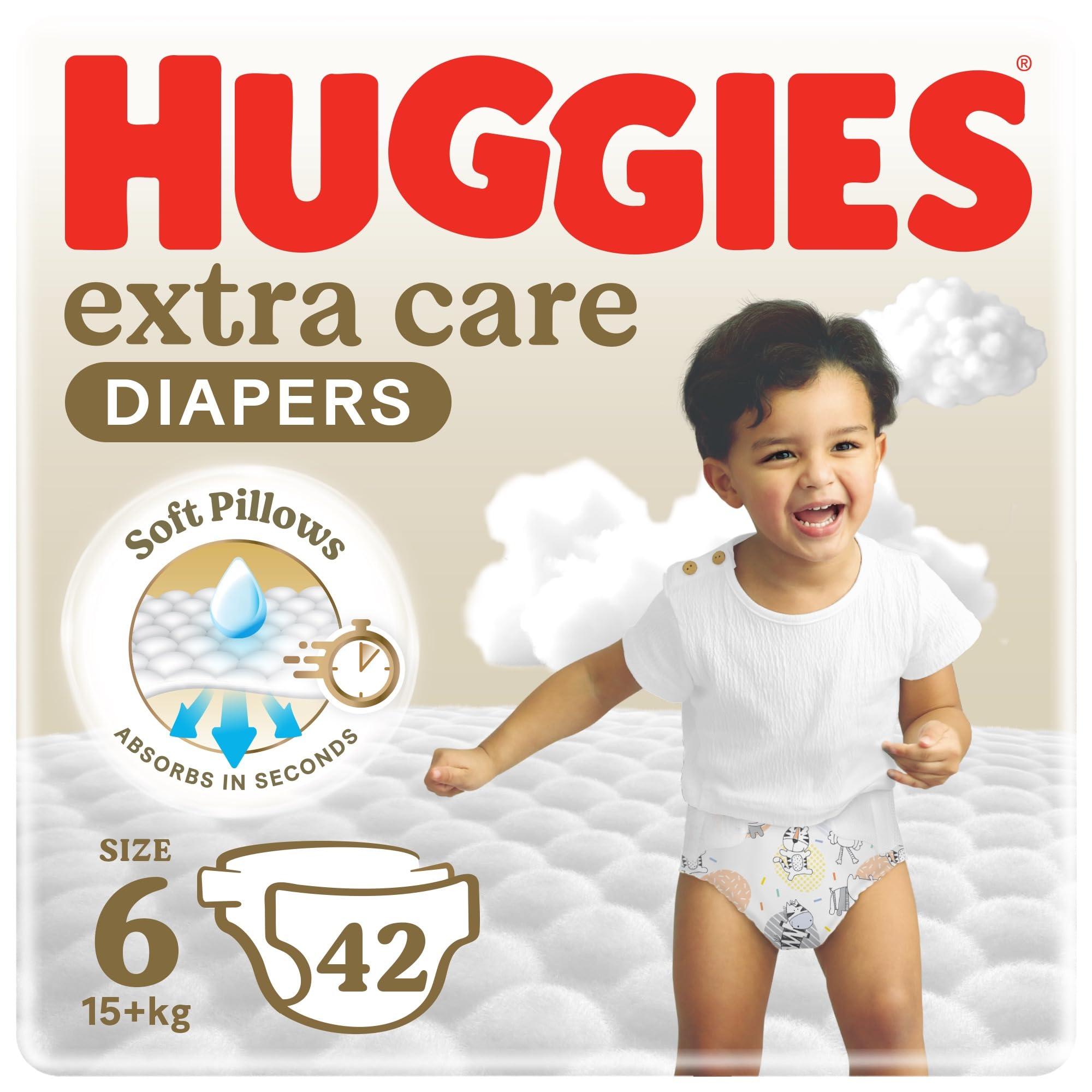 Huggies Extra Care Jumbo Pack Size 6 (42 Diapers) – Soft Taped Diapers for the Largest Babies with High Absorbency, Wetness Indicator and Overnight Leak Protection, Value Pack