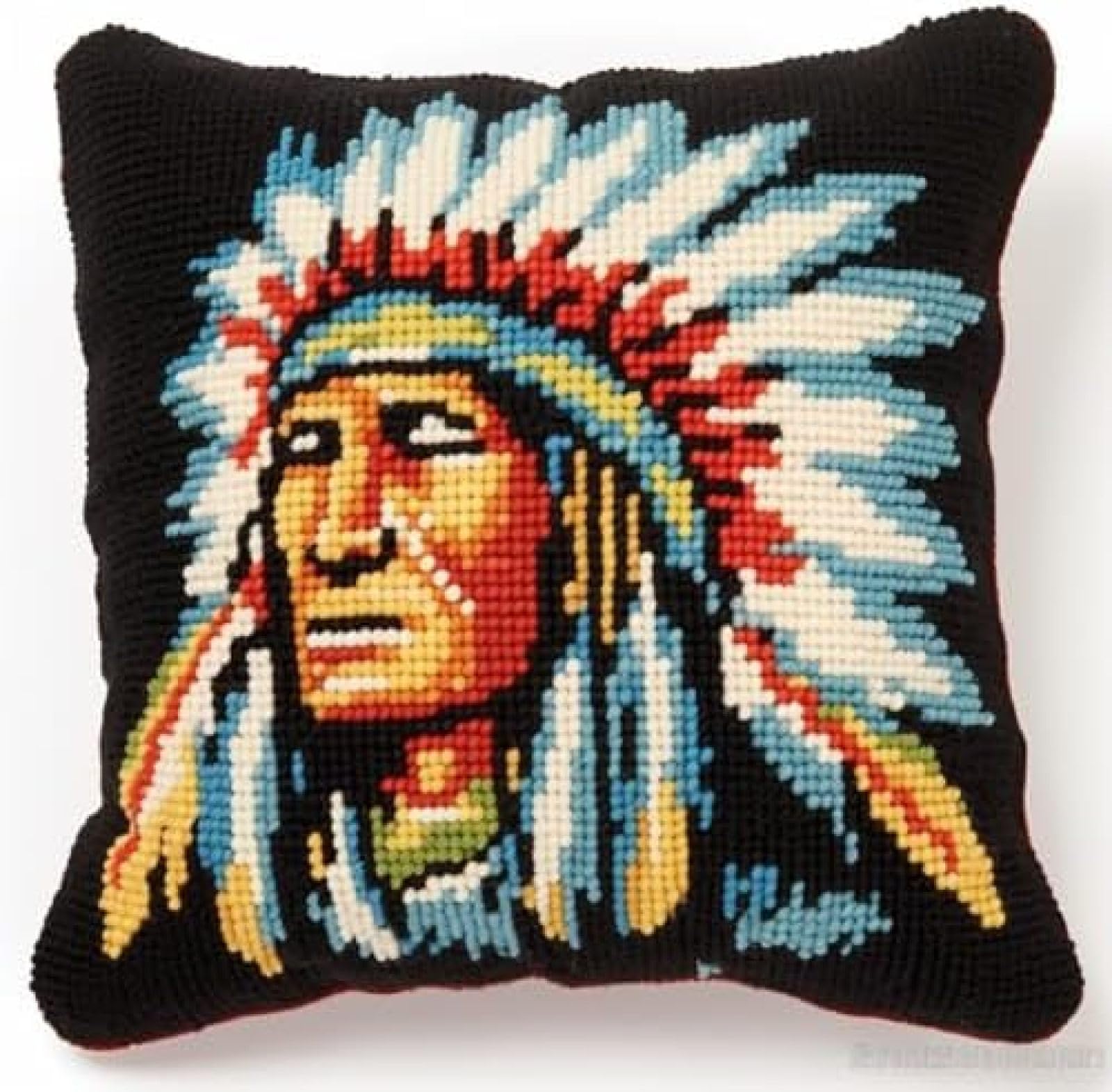 Ansiweigo Multicoloured Latch Hook Kits Pillow Cover American Native Indian Chief Man Printed Canvas Cushion Crochet Yarn Needlework Diy Hook Latch Kit Embroidery Pillowcase Rug Home Decoration,17X17 In/43X43 Cm