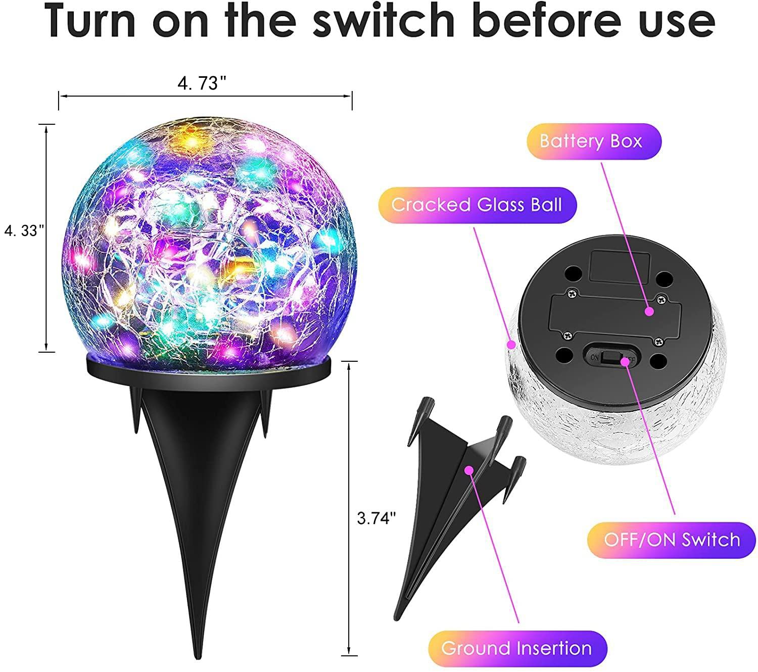 2 Stück Garten Solar Außenleuchten Dekorative Farbige Rissglas Solar Globe Lichter Verbesserte Wasserdicht Mehrfarbige LED Kugel Lichter für Hof, Weg, Terrasse, Weihnachten Außendekoration, 12 cm