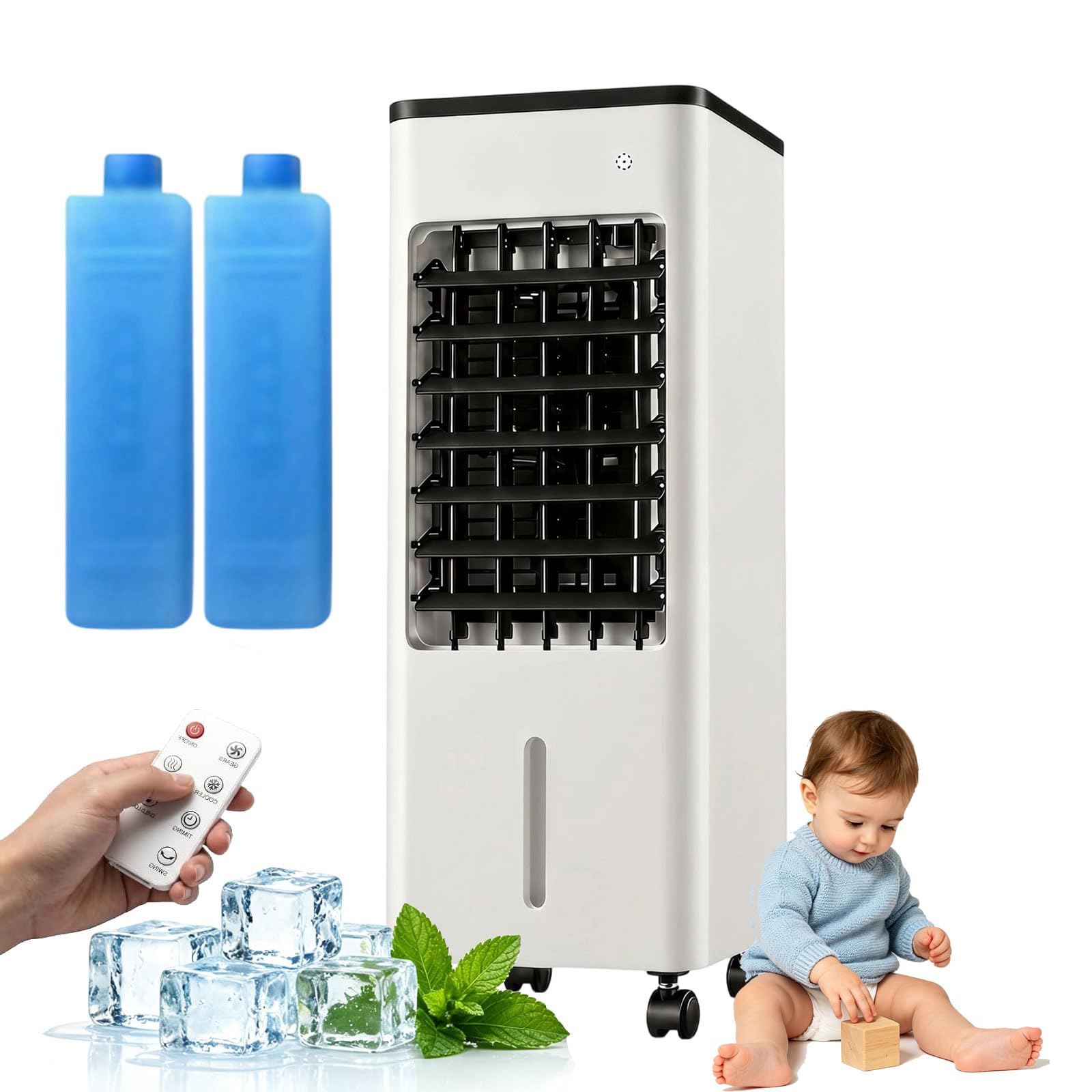 Portable Evaporative Air Cooler, Evaporative Cooling Fan with Remote & 2 Ice Packs, 3-in-1 Hoseless Room Air Cooler with 3 Speeds, 7.5H Timer & 120° Oscillation, Aircooler For Bedroom Home Office RV