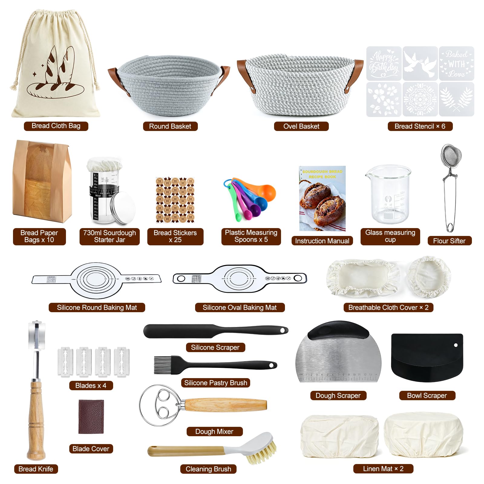 Banneton pour Pain, Rond et Ovale Banneton, 51 Pièces Kit de Départ pour Levain Naturel, Kit Boulangerie Professionnel, Kit Pain au Levain pour les Débutants, les Boulangers Expérimentés