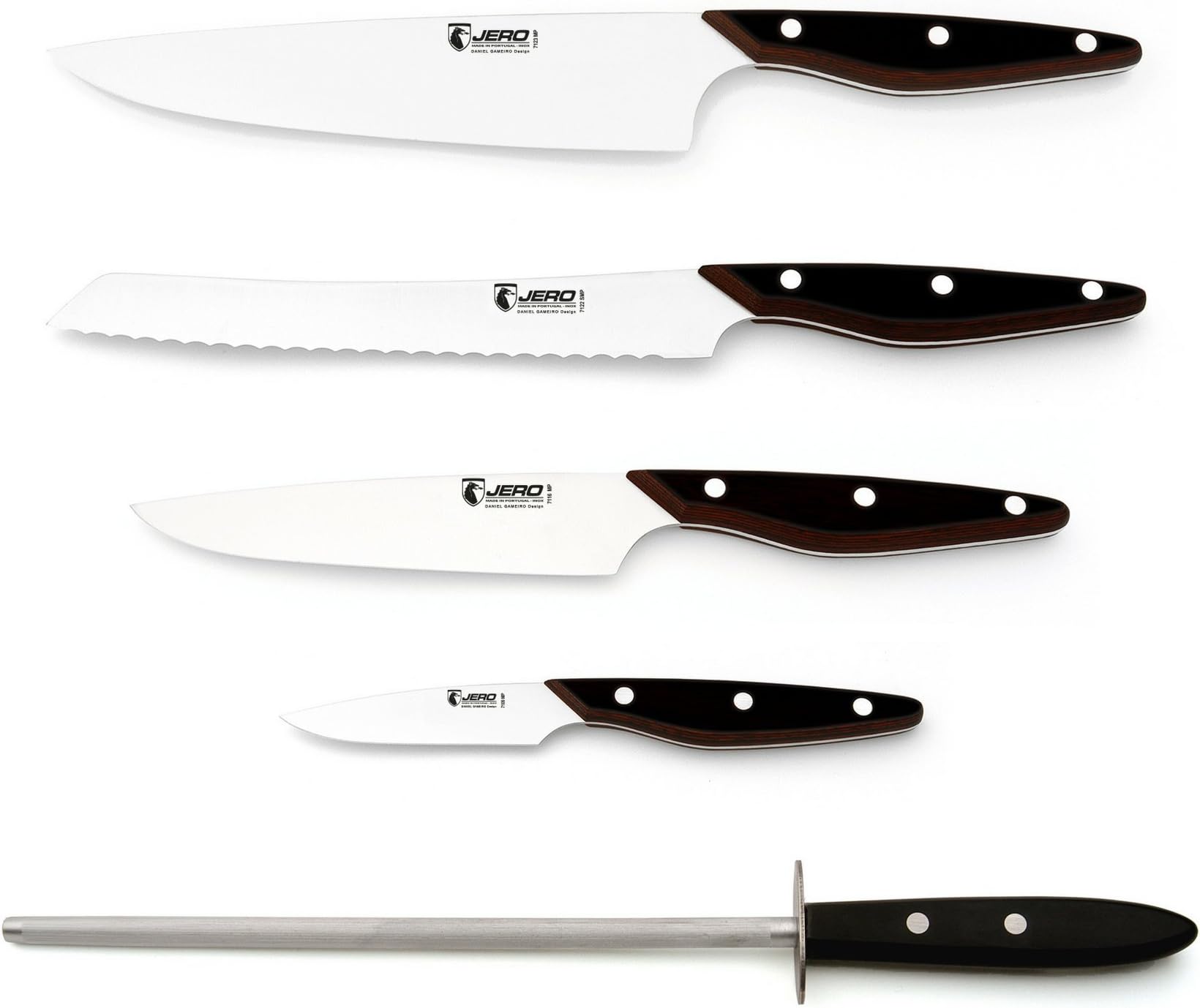 JERO Deep Ellum Five Piece Kitchen Knife Set - Modern Chef Knife Set - Daniel Gameiro Designed - Unique Resin Injected Wood Handles - German Stainless Steel Blades - Durable Professional Grade
