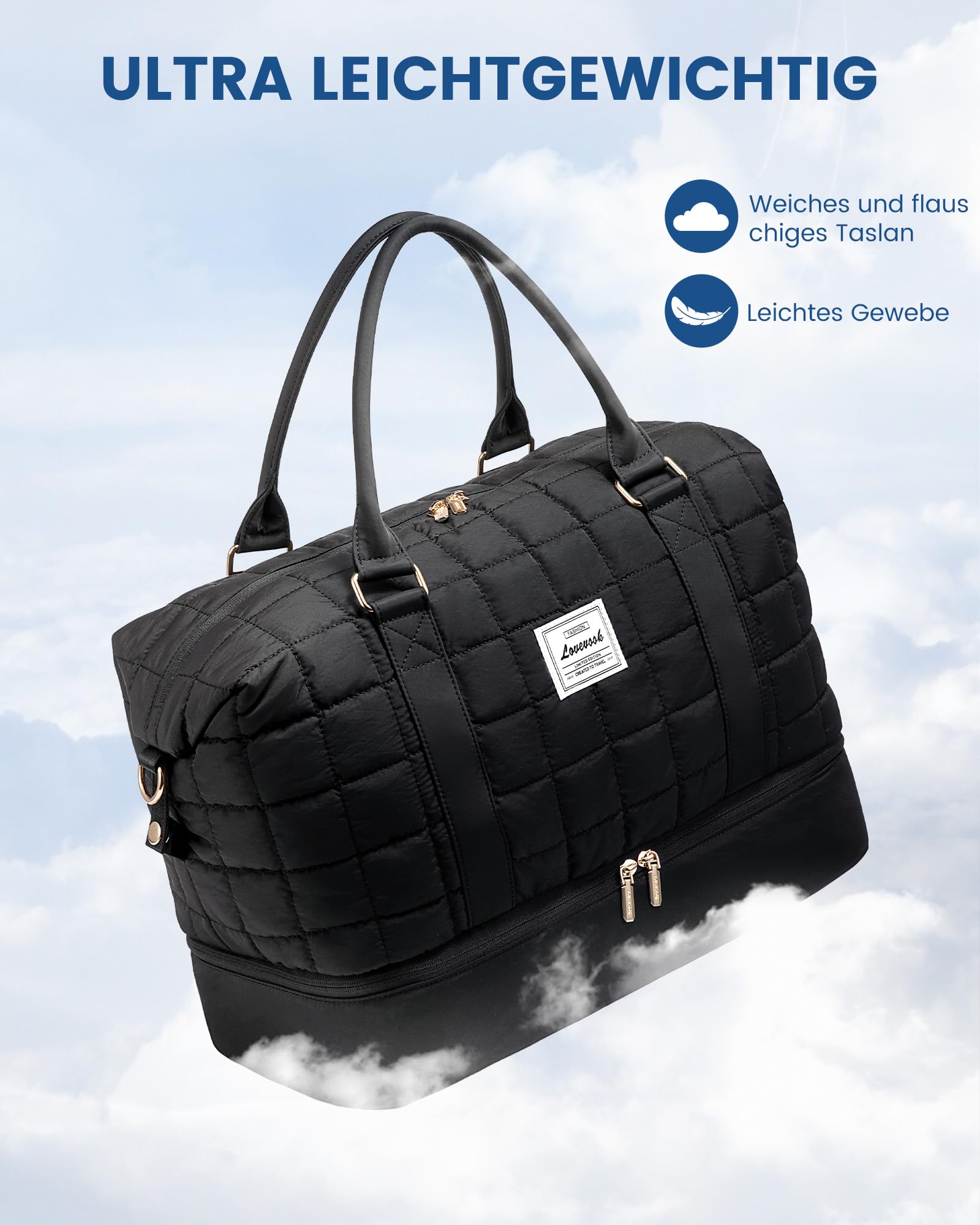 LOVEVOOK Reisetasche Damen Groß, Leicht Puffer Weekender Handgepäck Tasche Kliniktasche Geburt Krankenhaustasche mit Schuhfach & Nassfach, Travel Bag Sporttasche für Flugzeug Reise, Schwarz