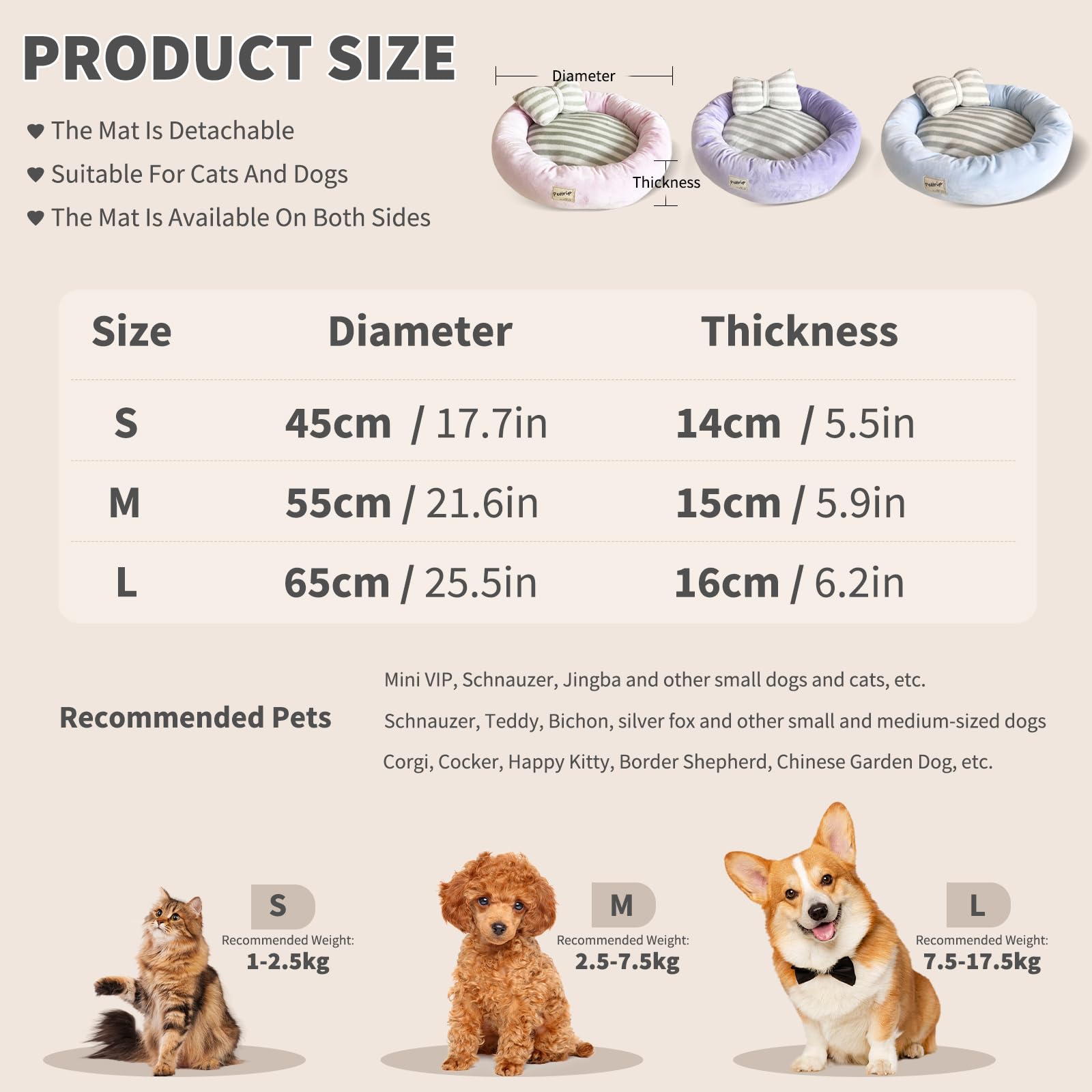 PETCUTE Hundebett Katzenbett Waschbar Hundesofa Rund Kissen Bett Wildlederimitat Haustierbett für Grosse Mittlere kleine Hunde Katzen(M-55 * 15 cm Lila)