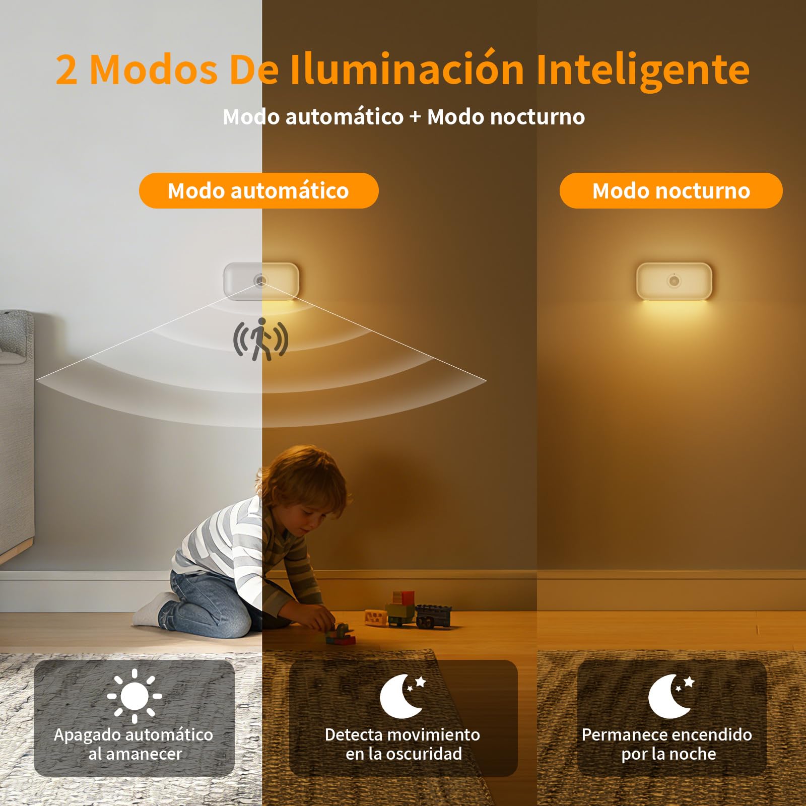 Luz Nocturna con Sensor de Movimiento, [4 Piezas] Recargable Luz Nocturna Infantil con Blanco Cálido, 3 Modos(Auto/Off/Night), Brillo Ajustable, Luz Noche para Niños, Pasillo, Escaleras y Dormitorio
