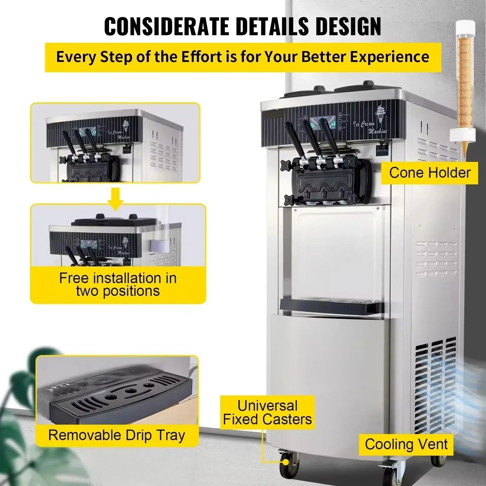 Máquina para helado Comercial 20-28 L/H Ice Cream Maker para ahora máquina helado profesional con bandeja para huevos y panel LCD preenfriado 2200W máquina de helado 3 sabores