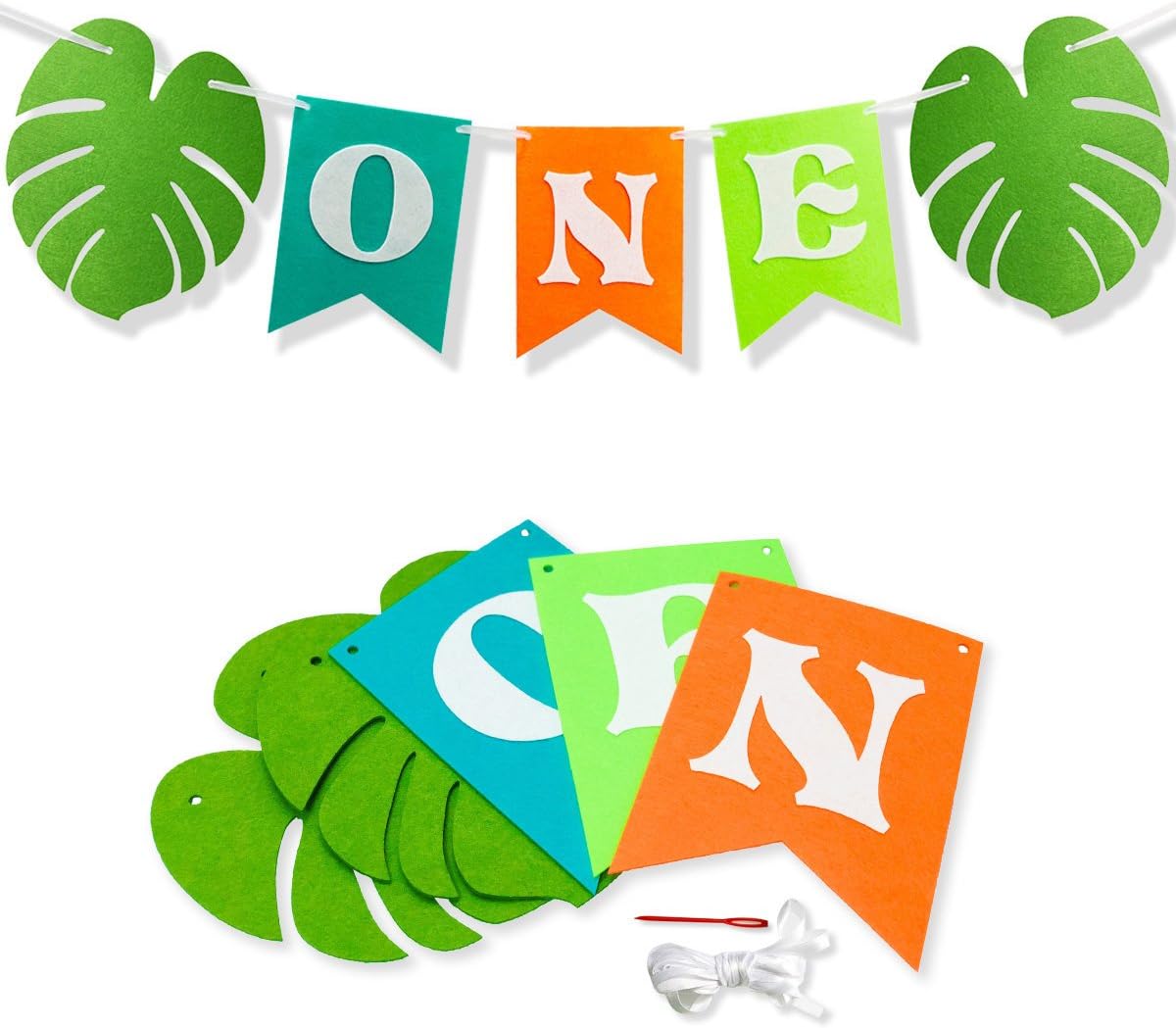 ONE Banner with Palm Leaves, Felt Highchair Banner for Baby Boy Girl First Birthday Decorations, High chair Decor, Hawaiian or Dinosaur Jungle Theme 1st Birthday Party Supplies
