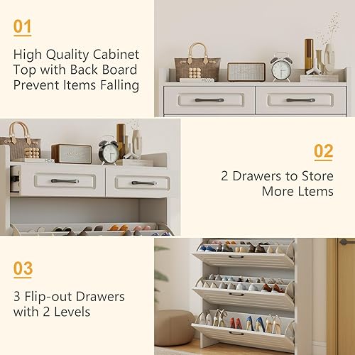 Miniatura 3 de Lakifun Armario de almacenamiento de zapatos para entrada, armario estrecho de almacenamiento de zapatos con 3 puertas abatibles, armario de zapatos