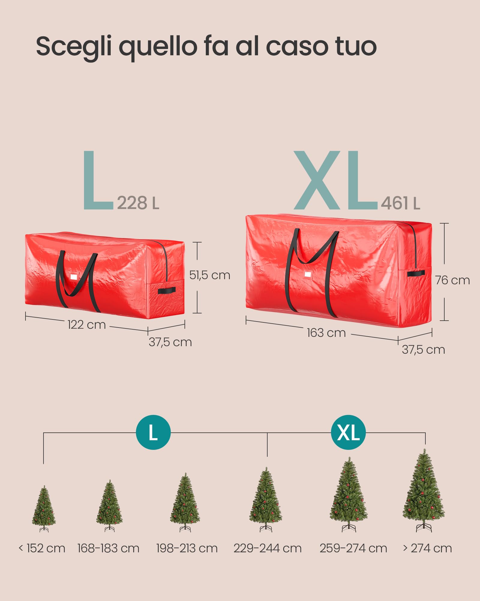 SONGMICS Borsa per Albero di Natale, Custodia per Albero Smontabile fino a 229 cm, Cuciture Interne Rinforzate, Maniglie Lunghe, con Cerniera, PE, Rosso RXS005R01