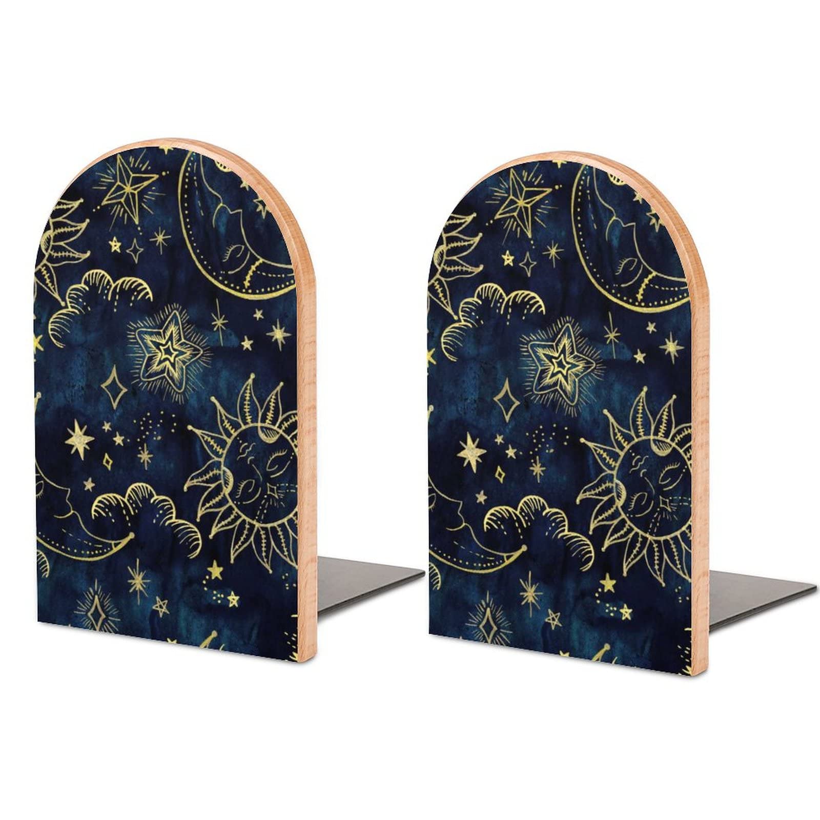 Juzgtsit Soleil Cosmos Astrology P Attern Wooden Non-Skid Bookends Home Decorative Book Ends 1 Pair Book Ends Supports For Library Books, Movies, Dvds, Magazines, Video Games