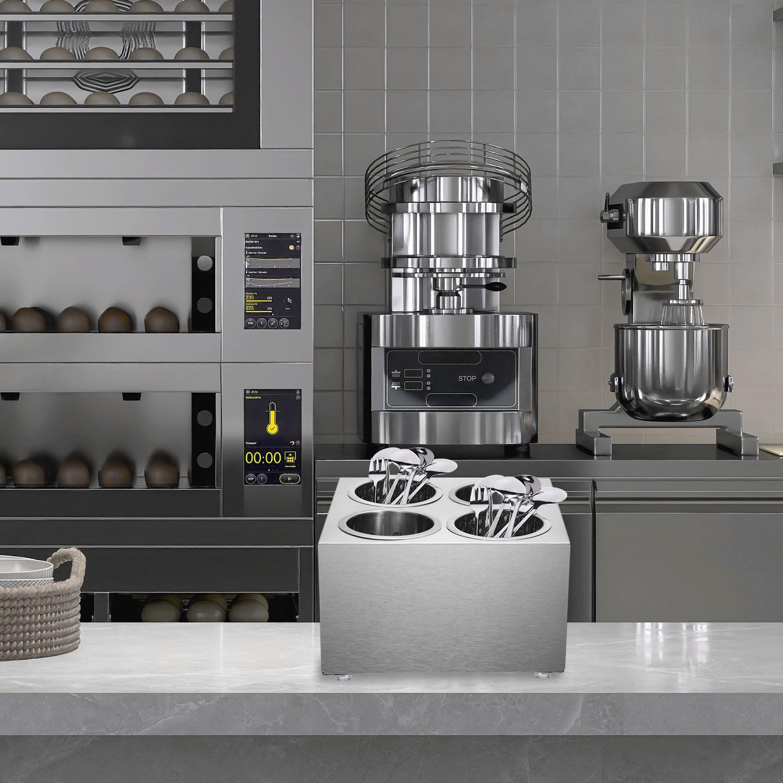 QUARKZMAN Porta Utensili Commerciali, Porta Utensili Cucina Acciaio Inox Cilindrico Portaposate Asciugatura Controsoffitto Organizzatore Posate per Ristoranti Buffet (Doppia File 4 Fori)