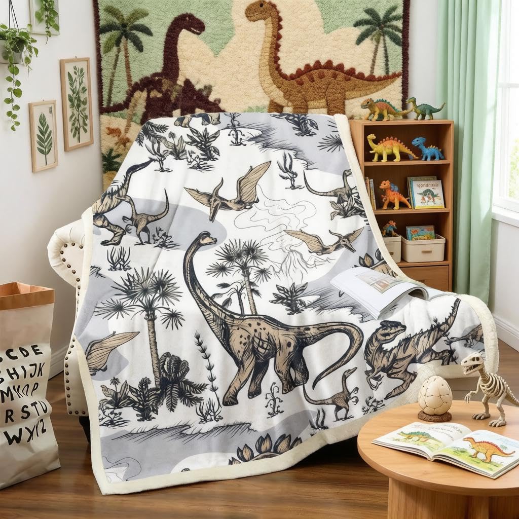 Loussiesd Boys Blanket Dinosaur Fleece Throw Blanket for Sofa Couch Bed Jungle Dino Pattern Sherpa Blanket Wildlife Style Plush Fuzzy Blanket Wild Animal Room Decor Single 50"x60"