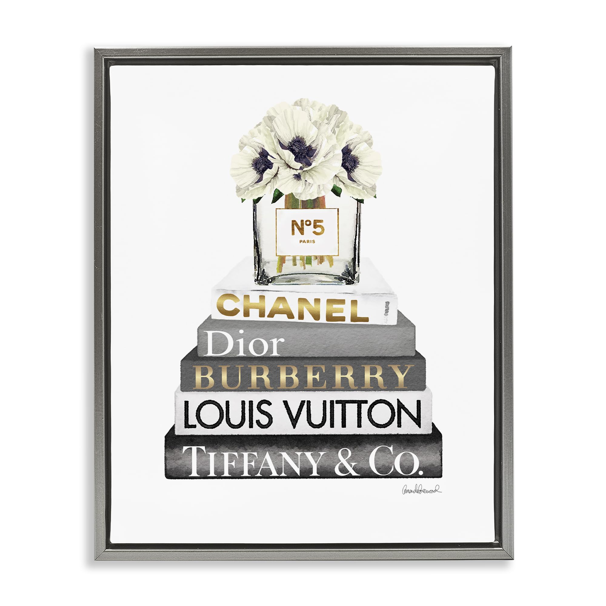 'White Poppies Grey Fashion Books'| Floating Frame Canvas Art