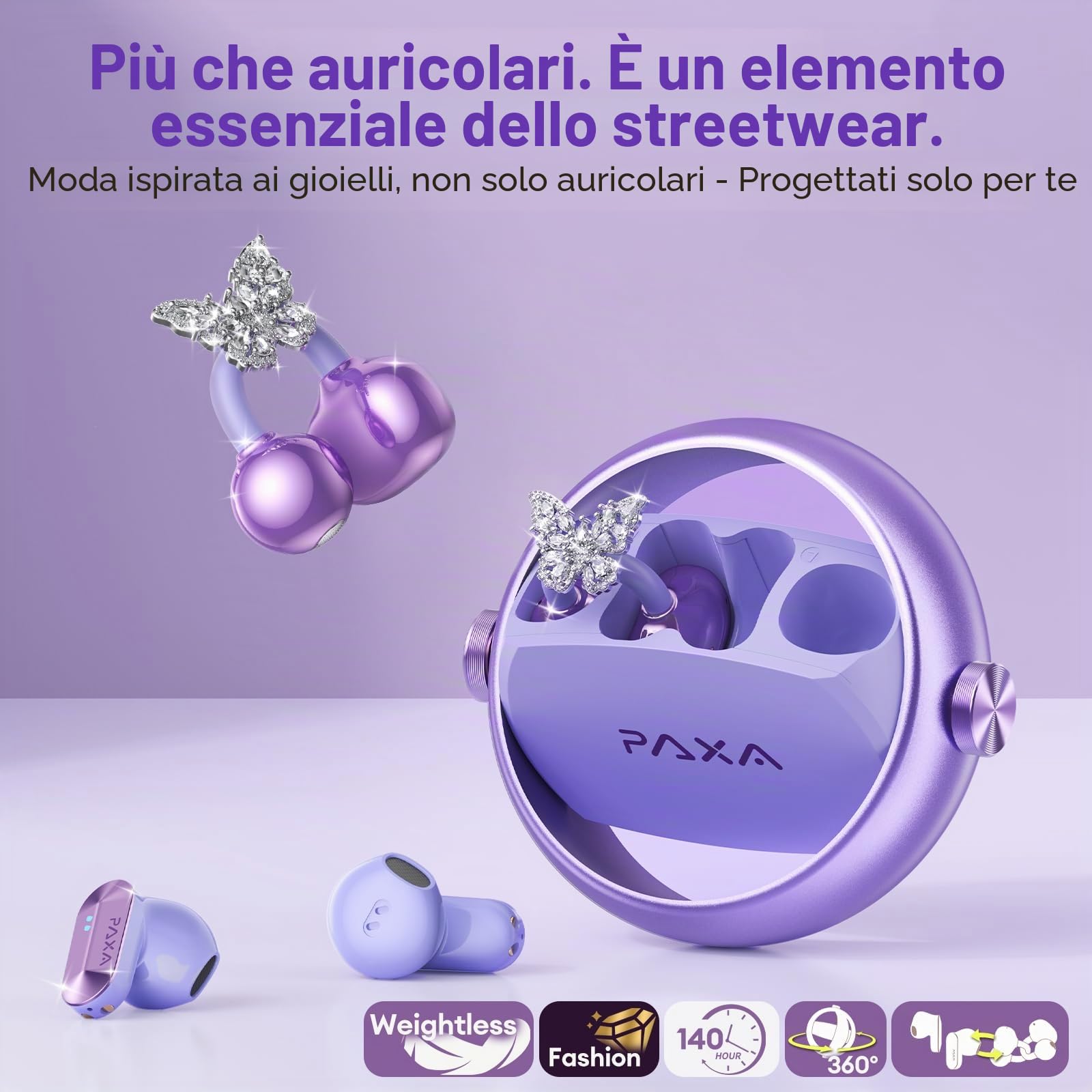 PAXA 3 in 1 Cuffie Open Ear Clip-on con Orecchini Farfalla Diamanti Rimovibile– Auricolari Bluetooth 6.0, Audio HiFi, 140H, Elegante Design Aperto, Ideali per Lo port e Tempo Libero, Ctbuds Viola
