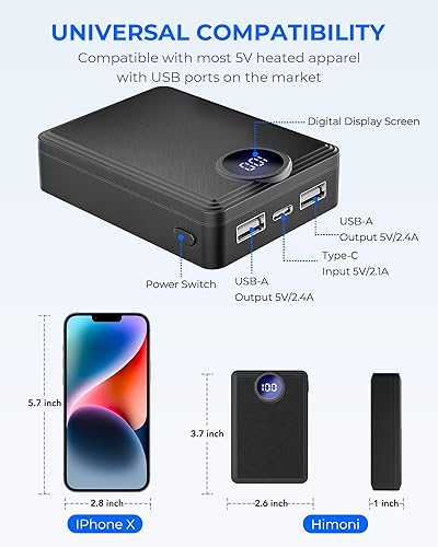 Miniatura 3 de Paquete de batería de chaleco calefactable, batería recargable con pantalla LED, entrada tipo C y salida USB-A dual para ropa térmica, chaleco,