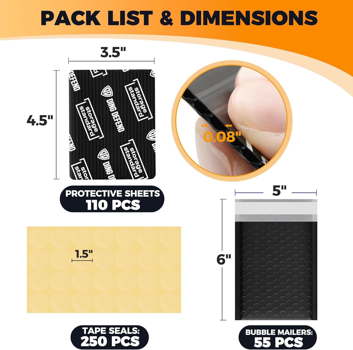 Ding Defend Card Shipping Protector Envelope Bubble Mailer Kit with 110 Card Shipping Protectors (3.5x4.5 Inches), 55 Bubbles Mailers, 250 Tape Seals for Collectible Cards - Black
