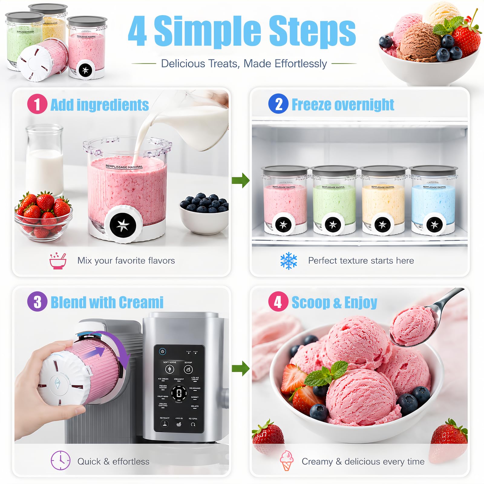 4 Pièces Pot pour Ninja Ice Cream Swirl, 480ml Pot pour Ninja Creamy Swirl pour Ninja NC700 NC701, Bacs à Crème Glacée avec Couvercles Étanches, BPA et Lave-Vaisselle