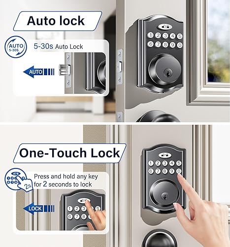 Miniatura 3 de Cerradura de puerta de entrada sin llave con 2 perillas, cerrojo electrónico retroiluminado con asa, bloqueo automático, códigos únicos, cerrojo