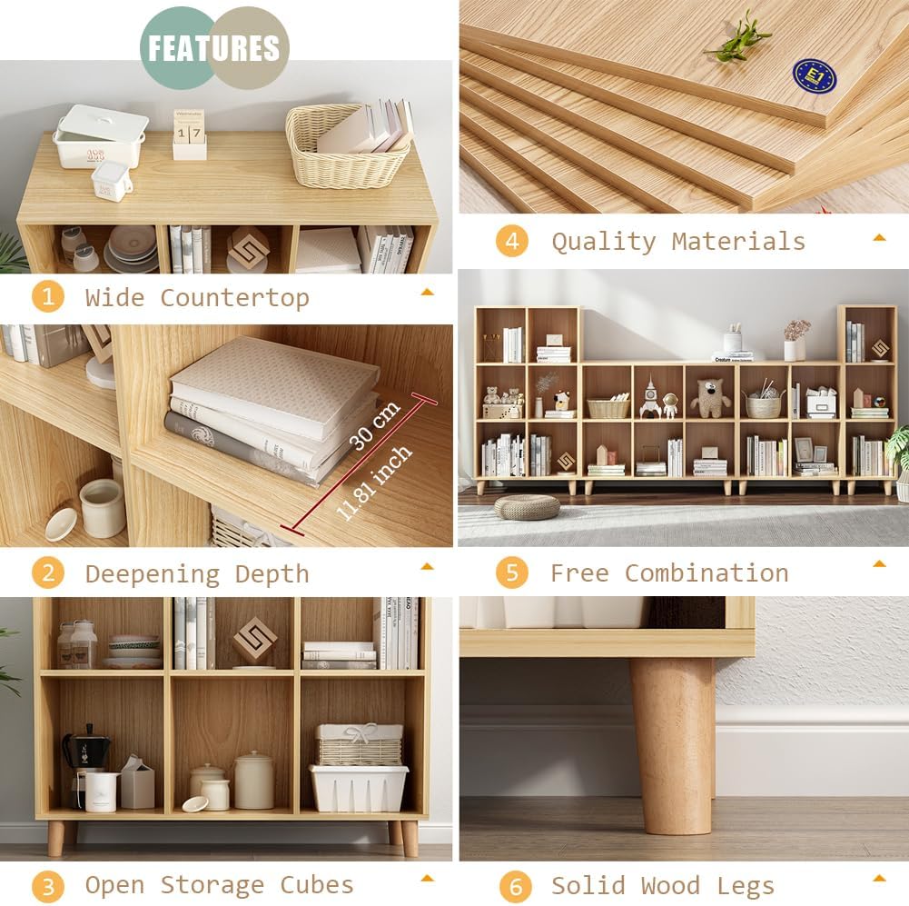 IOTXY Open Cube Low Bookcase - 3-Tier Freestanding Storage Display Cabinet Organizer with Legs for Home Office, 7-Cubes Open Shelf Short Bookshelf, Oak - Image 5