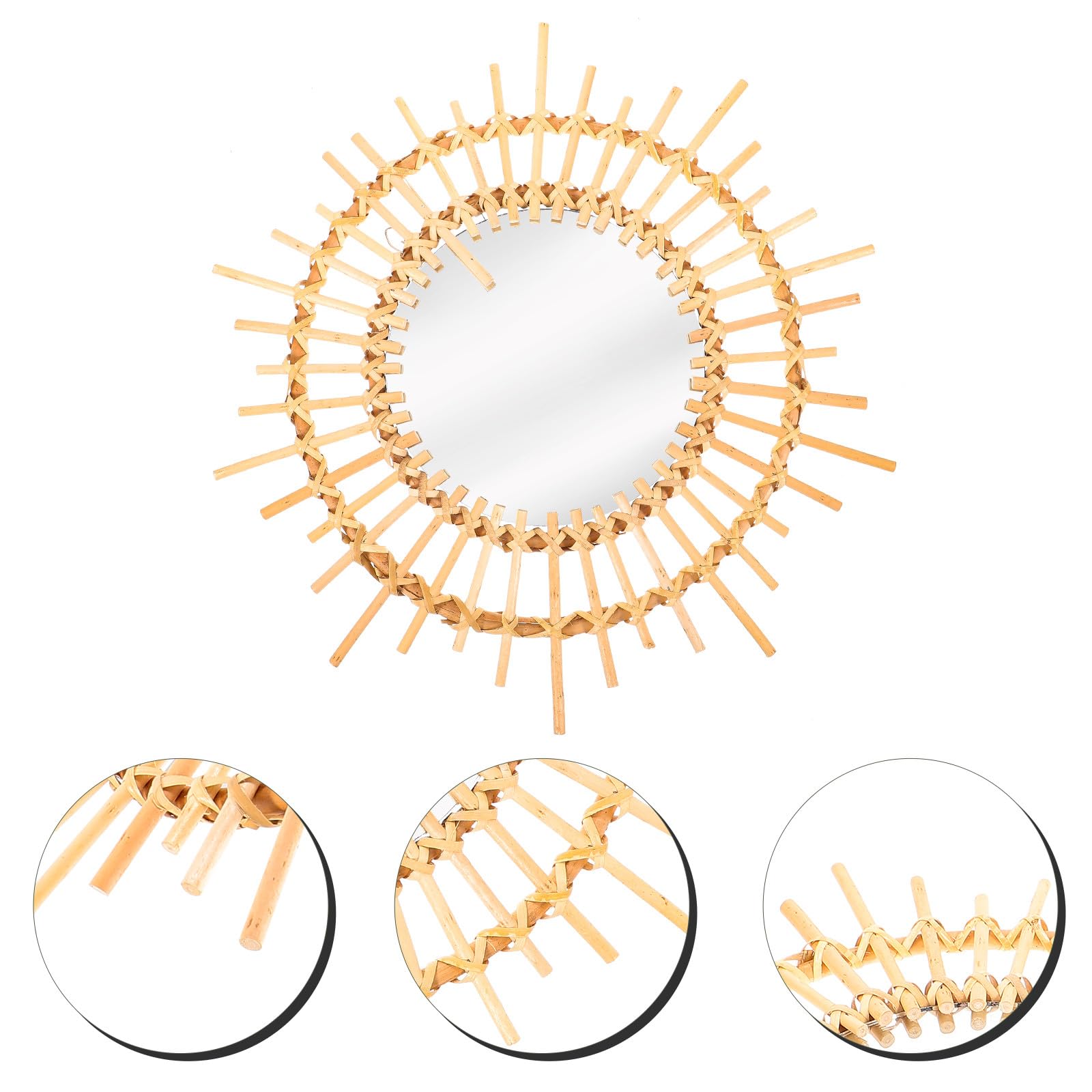 Runder Rattan Wandspiegel mit Holzrahmen Dekorativer Dekorspiegel für Flur und Esszimmer Moderner Goldfarbener Spiegel mit Reflektierender Oberfläche und Charmantem Design