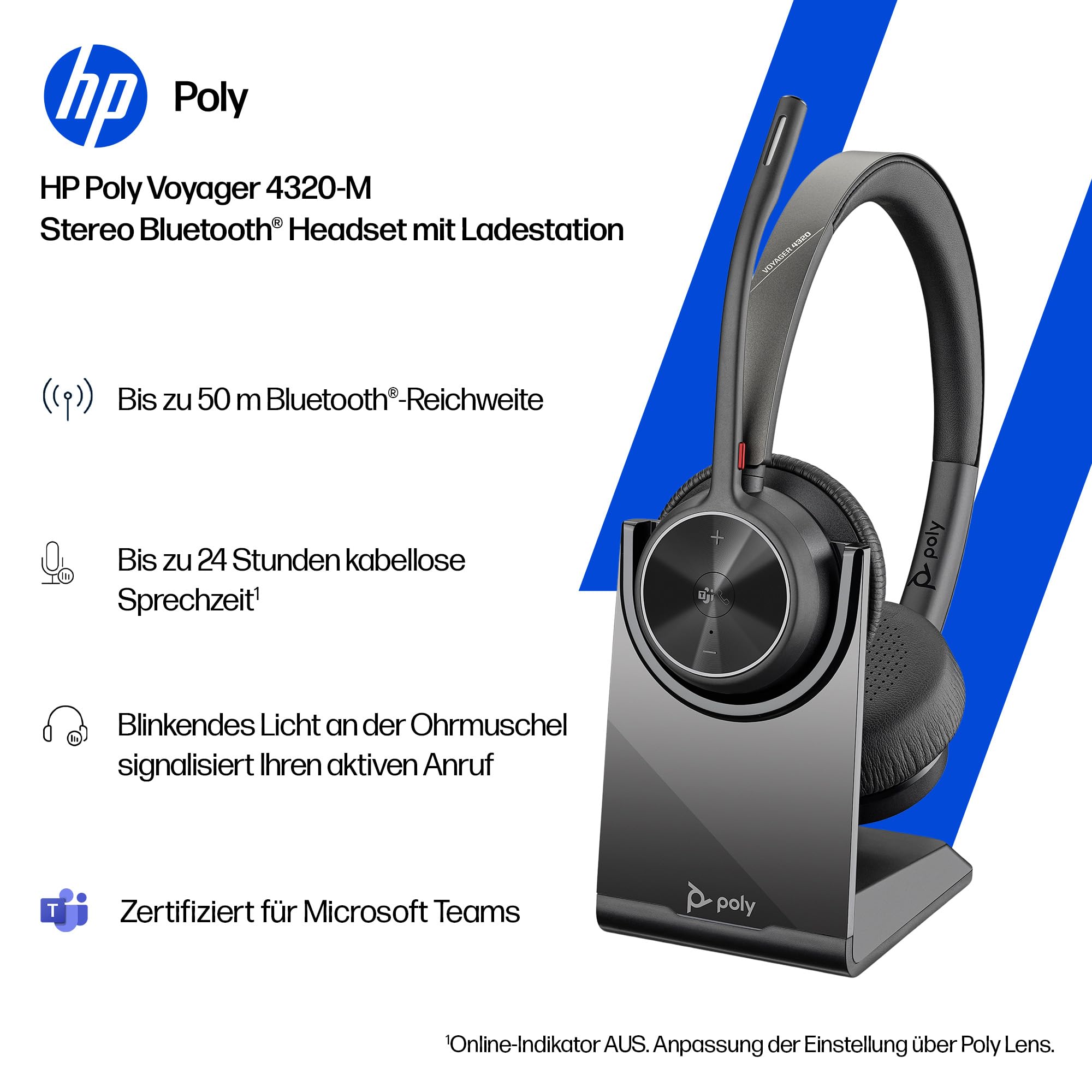 Schnurloses Poly Voyager 4320 UC-Headset und Ladestation – Stereo-Kopfhörer mit Noise Cancelling-Mikrofonarm, Verbindung mit PC/Mac/Mobiltelefon über Bluetooth, Kompatibel: Teams (zertifiziert), Zoom