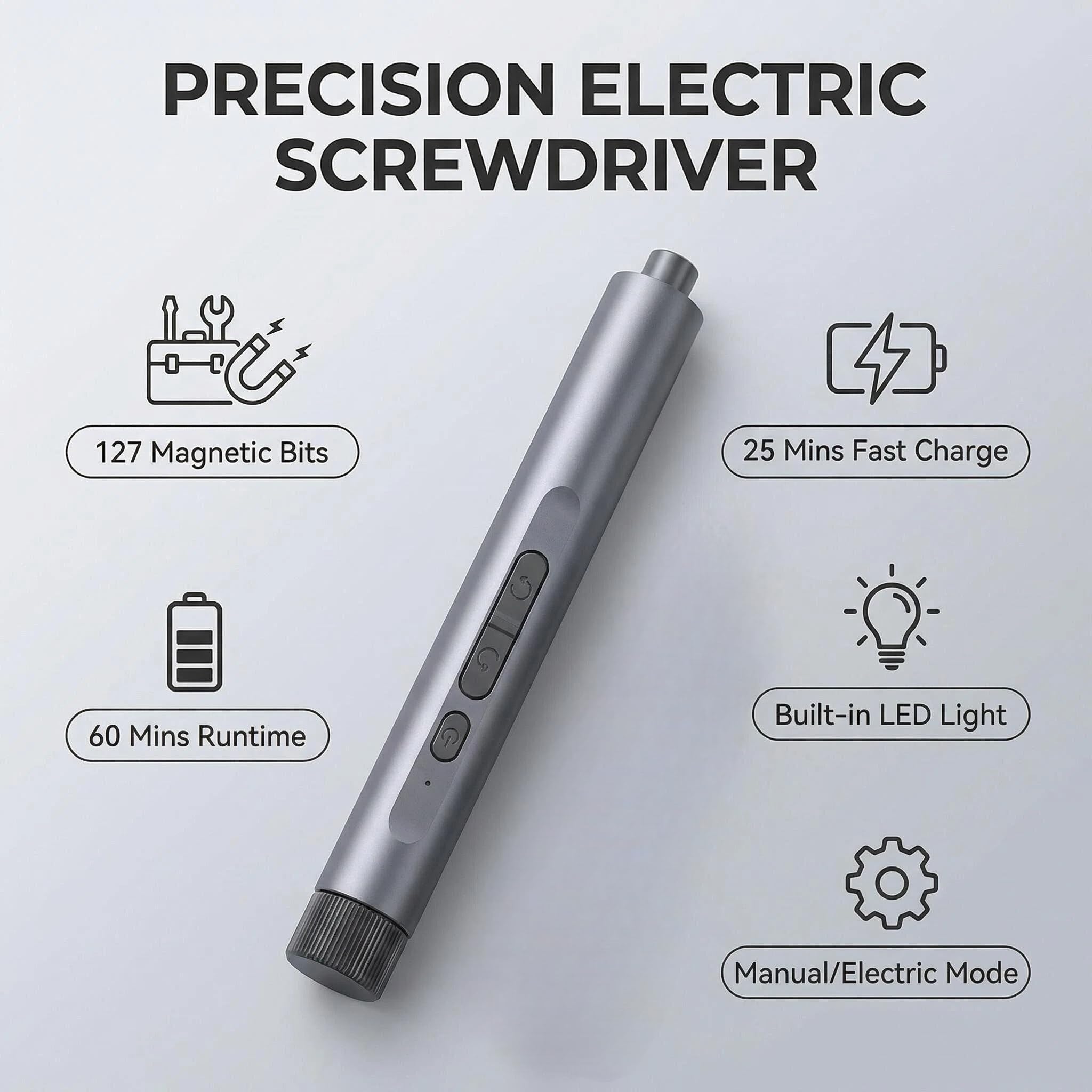 Juego de destornilladores eléctricos de precisión, puntas magnéticas 127 en 1, USB C recargable, luz LED, modos manuales y eléctricos, kit de herramientas de reparación portátil inalámbrico