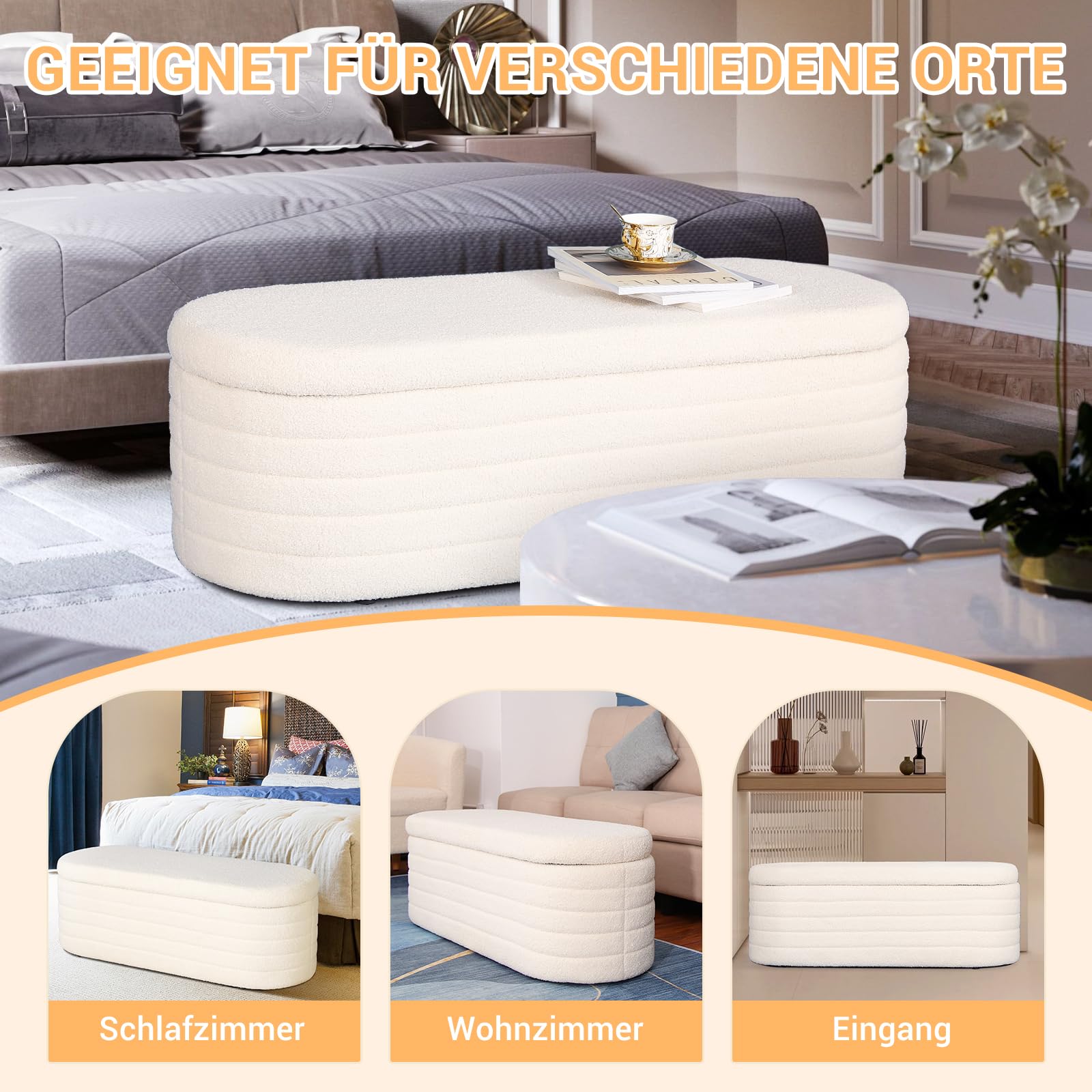 Teddy Sitzbank mit Stauraum, Polsterbank 117 x 41,5 x 40 cm | Mit Scharnierdeckel, 300 kg Belastbarkeit – als Bettbank, Sitzmöbel oder Sitztruhe für Wohnzimmer, Schlafzimmer und Flur.