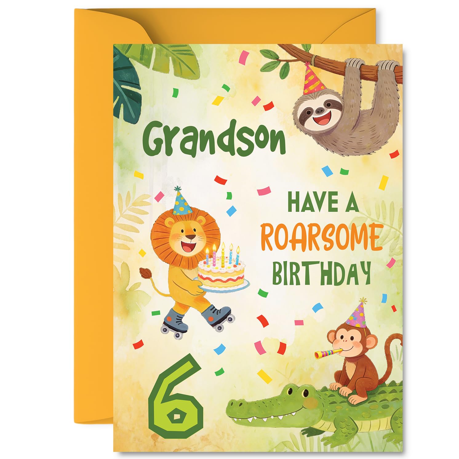 Playful 6th Birthday Card for Grandson - Bursting with Jungle Party Fun - Colourful Lions, Sloths and Monkeys in Party Hats - A5, Envelope Included