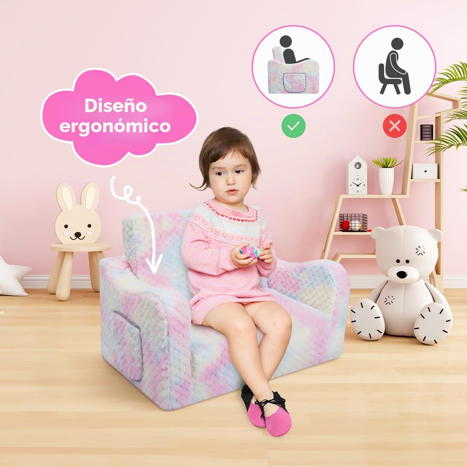 decalsweet Sofás Plegables para Niños Sillón con Almohada Estelar 2 en 1, Sillón Infantil Cómoda Estable con Bolsillo de Tela, Sofá Cama Asiento para Bebé para Dormitorio Salón,Textura Rosa