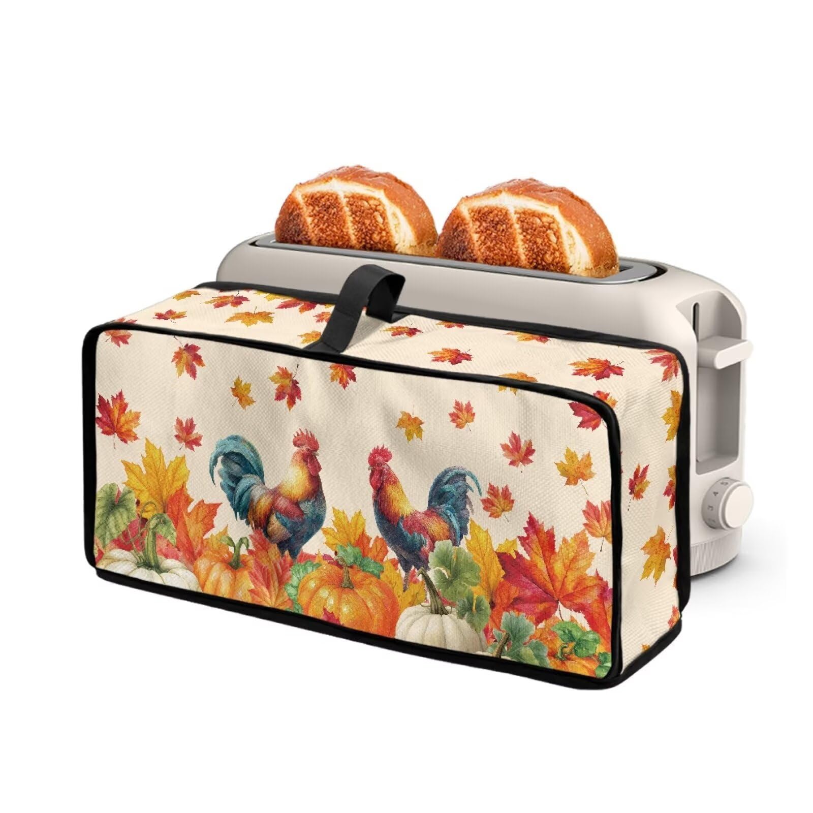 2 Slice Long Slot Toaster Dust Cover with Top Handle Slim Bread Toaster Oven Dustproof Cover Kitchen Bakeware Protector Pumpkin Maple Leaf Rooster Print