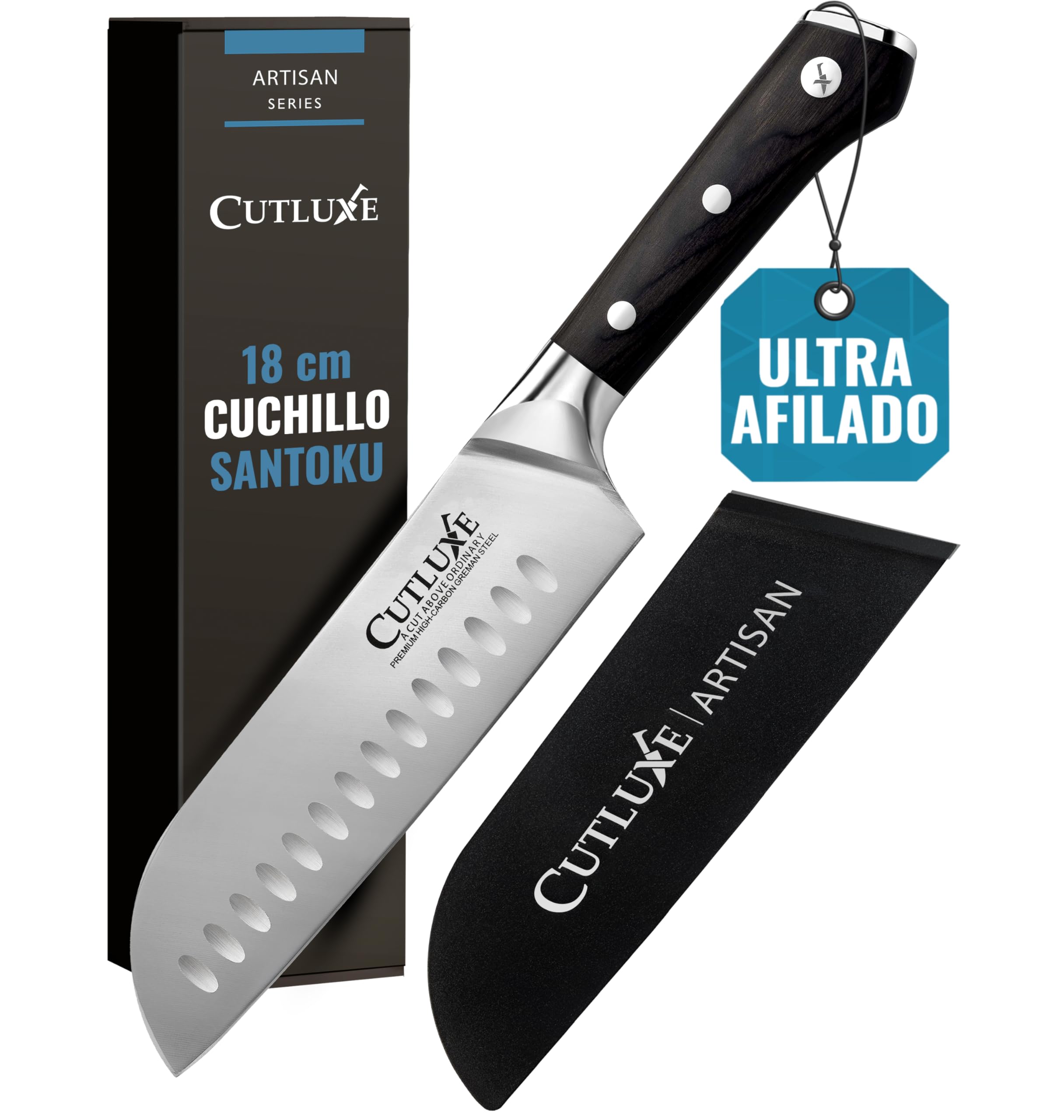 Cutluxe Cuchillo Santoku – 18 cm Cuchillo Profesional de Chef Con Funda– Acero Alemán con Alto Contenido de Carbono – Cuchilla Afilada y Espiga Completa – Diseño de Mango Ergonómico – Serie Artesano