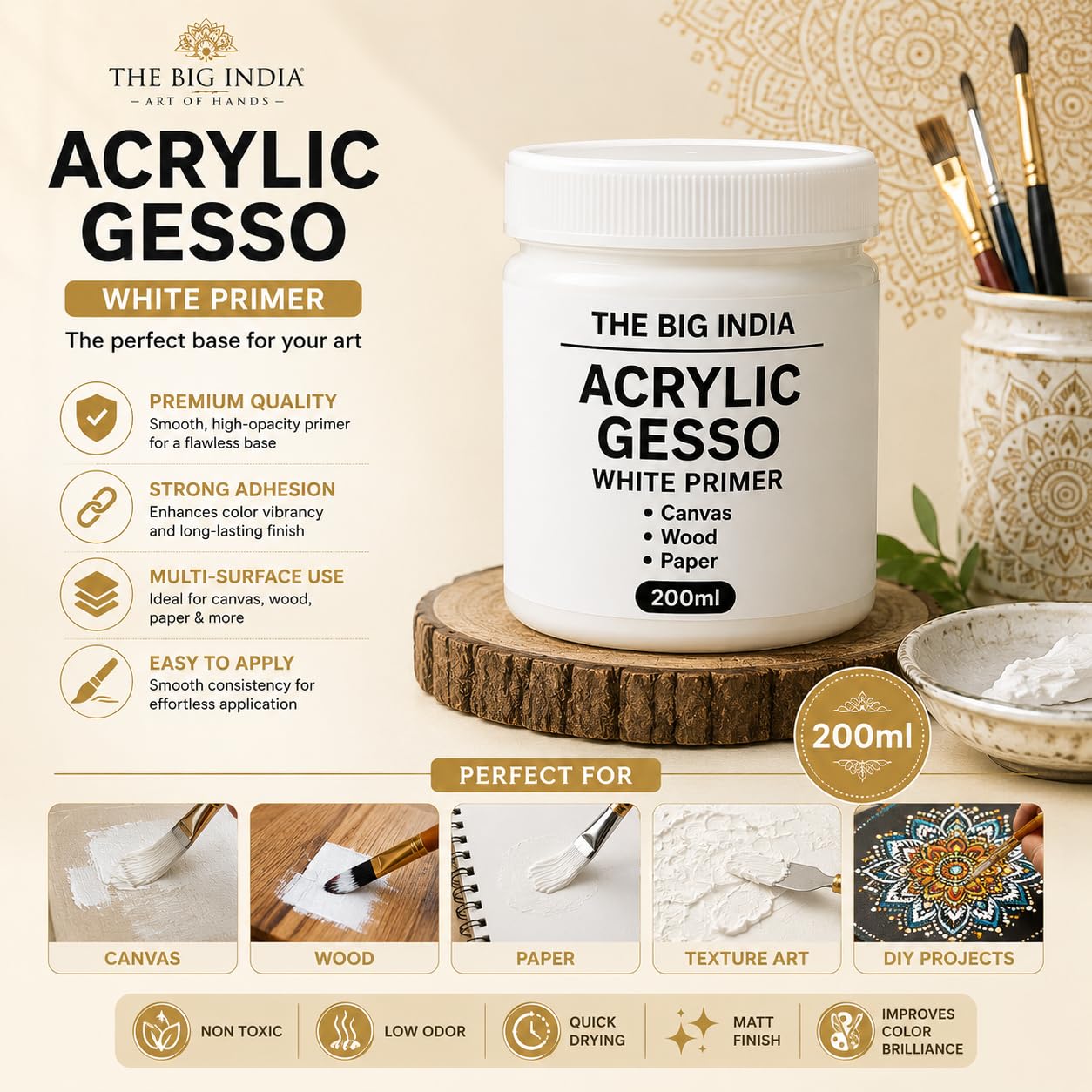 Acrylic Gesso White Primer | Art & Craft Surface Sealer for Canvas, Wood, Paper, MDF & More | Smooth Matte Finish | 200ml (Pure for Sure) 2