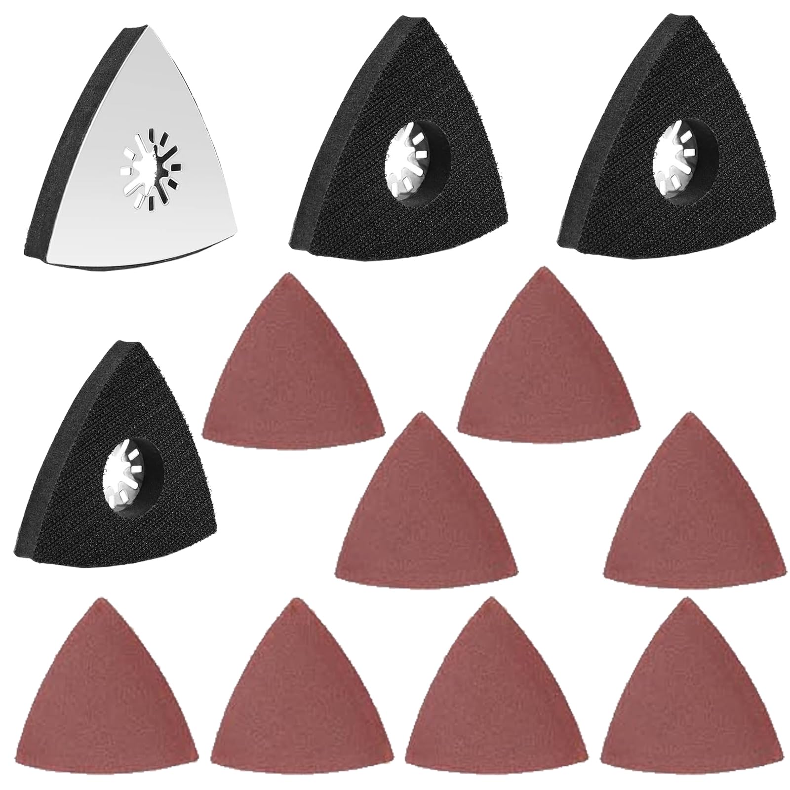 4 piastre abrasive Multitool da 80 mm, triangolari, con 8 fogli di carta vetrata per legno, metallo, plastica rigida, intonaco, levigatura, rimozione della ruggine