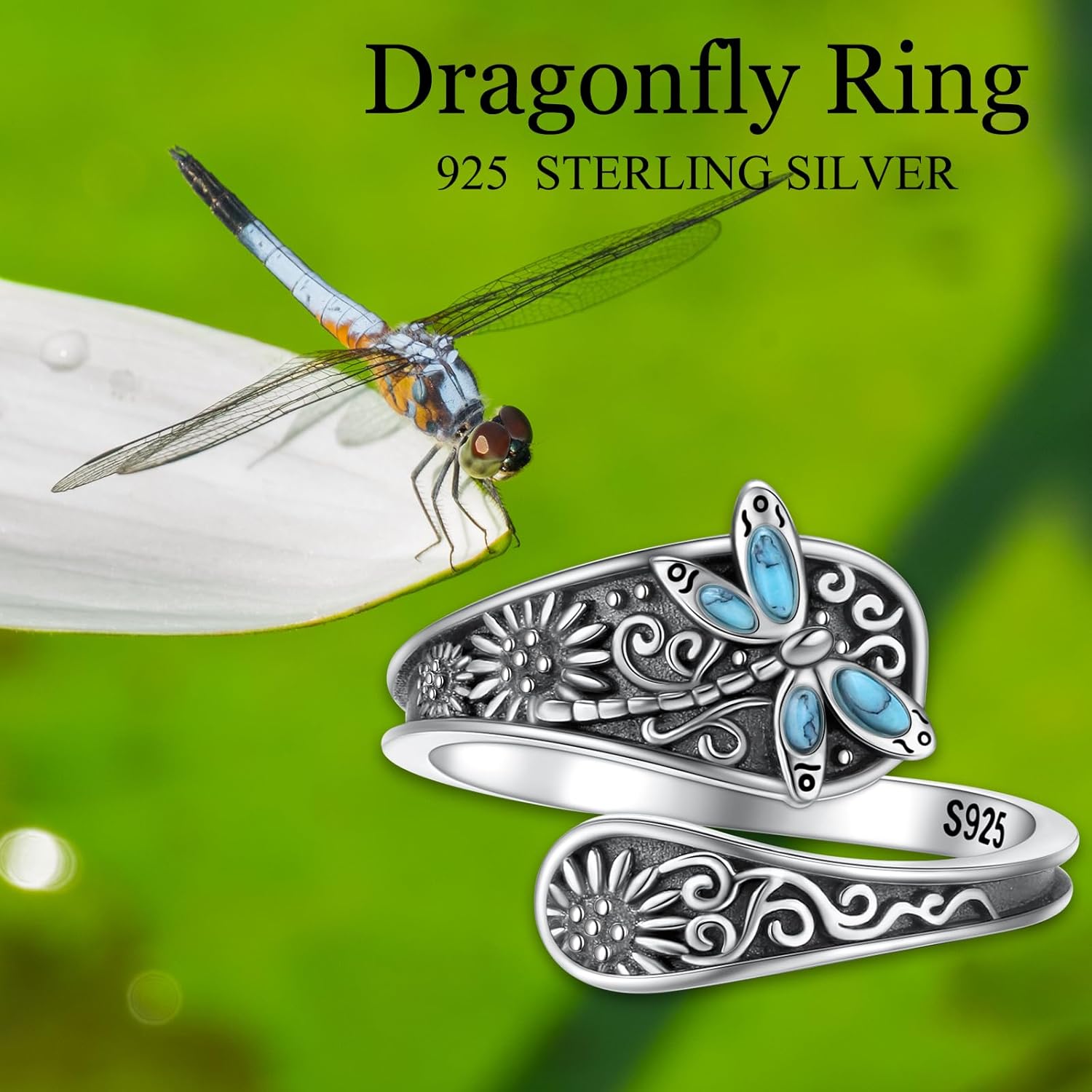 925 Sterling Silver Spoon Rings Butterfly/Dragonfly/Hummingbird/Cross Adjustable Sunflower Thumb Ring For Women Turquoise Boho Ring Vintage Rings Unique Jewelry Present for Christmas Mother's Day - Image 6