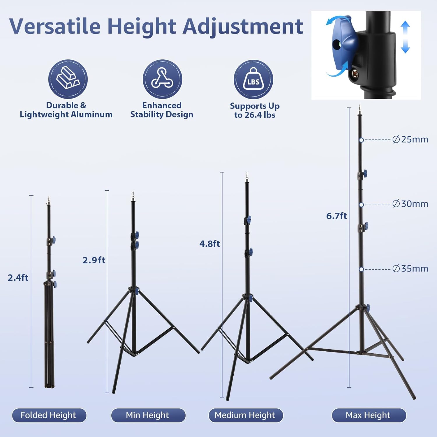 Light Stand Photography with 360° Ball Head, 6.7ft/205cm Adjustable Photography Tripod Stand, 1/4" Screw Professional Lighting Stand for Camera, Softbox, Strobe Light, Flash and Video Lighting, 2 Pcs