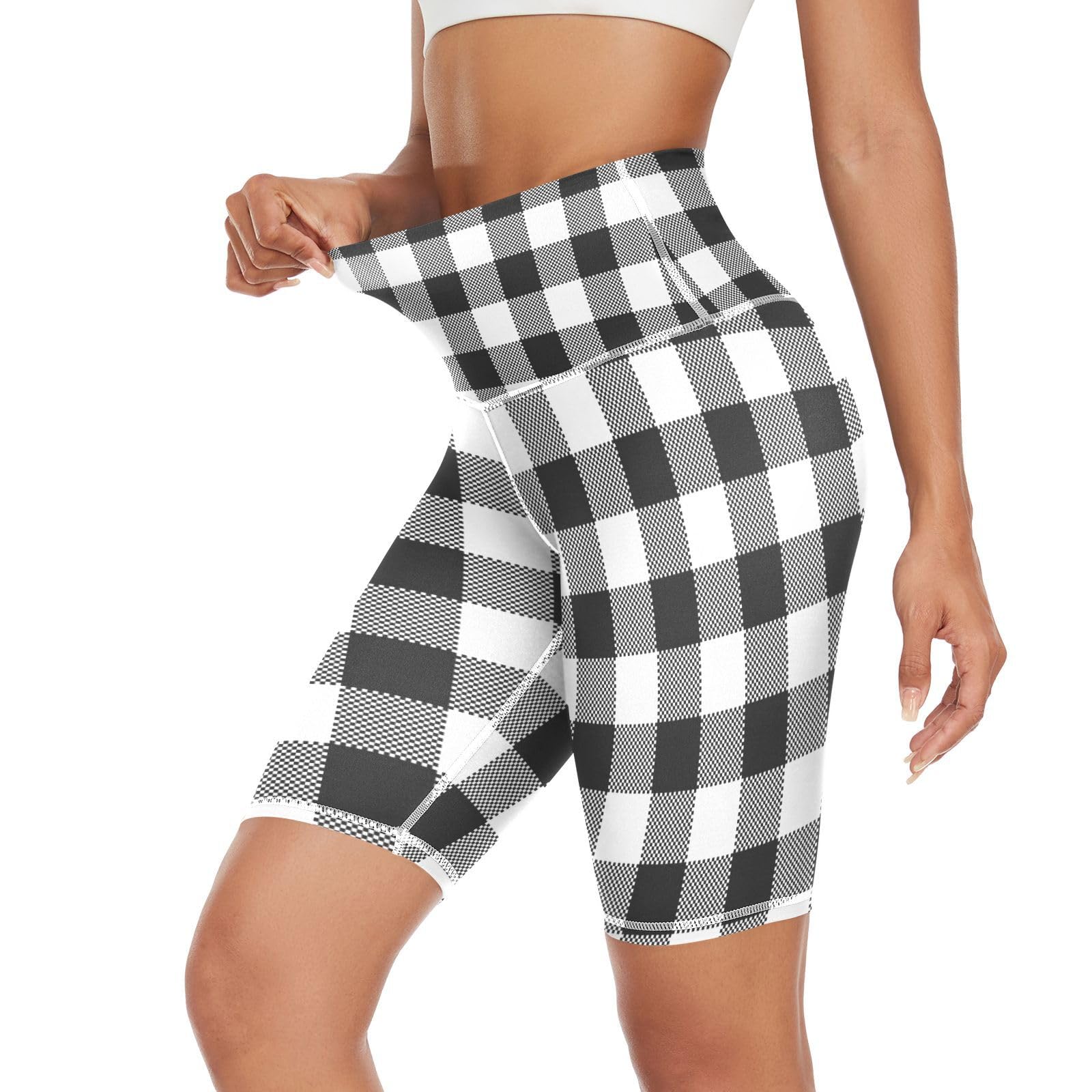 Aflyko Women Biker Shorts with Pockets Gingham Plaid Black White Soft Comfy Leggings Above Knee Relax Chic Fun Summer Stretchy Bottoms, XL