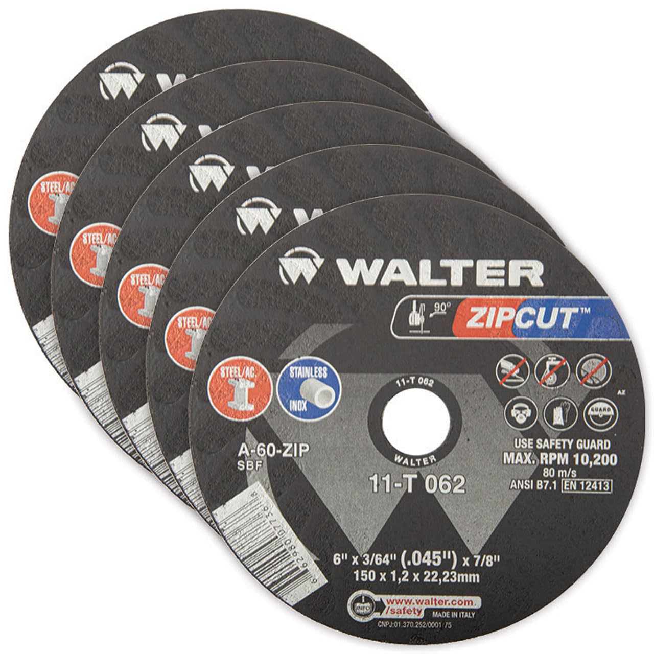 Walter 11T062V 6x3/64x7/8 ZIPCUT Vendible Cut-Off Wheels for Angle Grinder Type 1 A60 Grit, 5 Pack