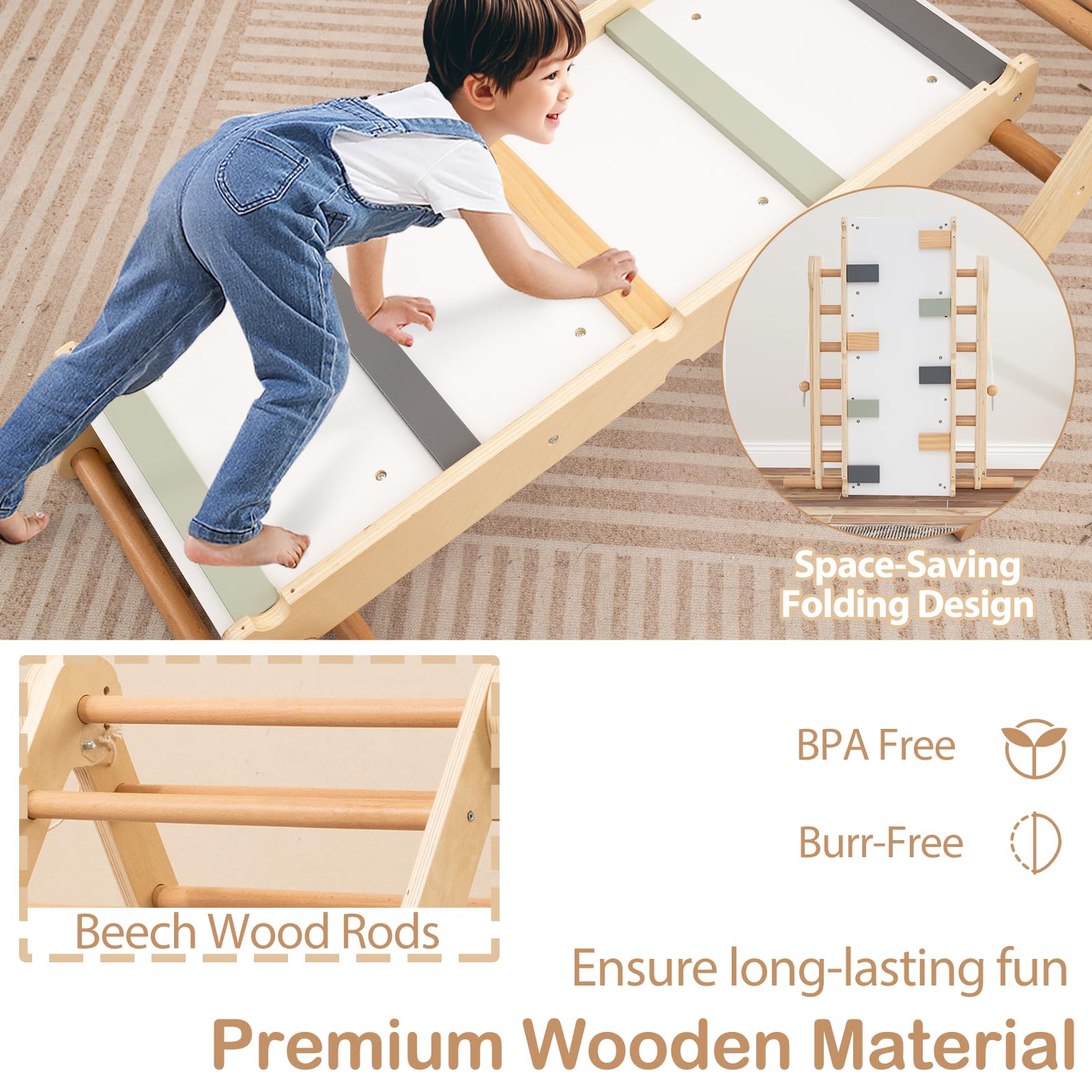 HOMASIS 3 in 1 Kletterdreieck mit Kletterleiter & Wippe, Holz Klettergerüst Indoor mit doppelseitiger Rampe, klappbarer Spielplatz zum Klettern Wippen, Sprossendreieck für Kinder ab 3 Jahren, Natur