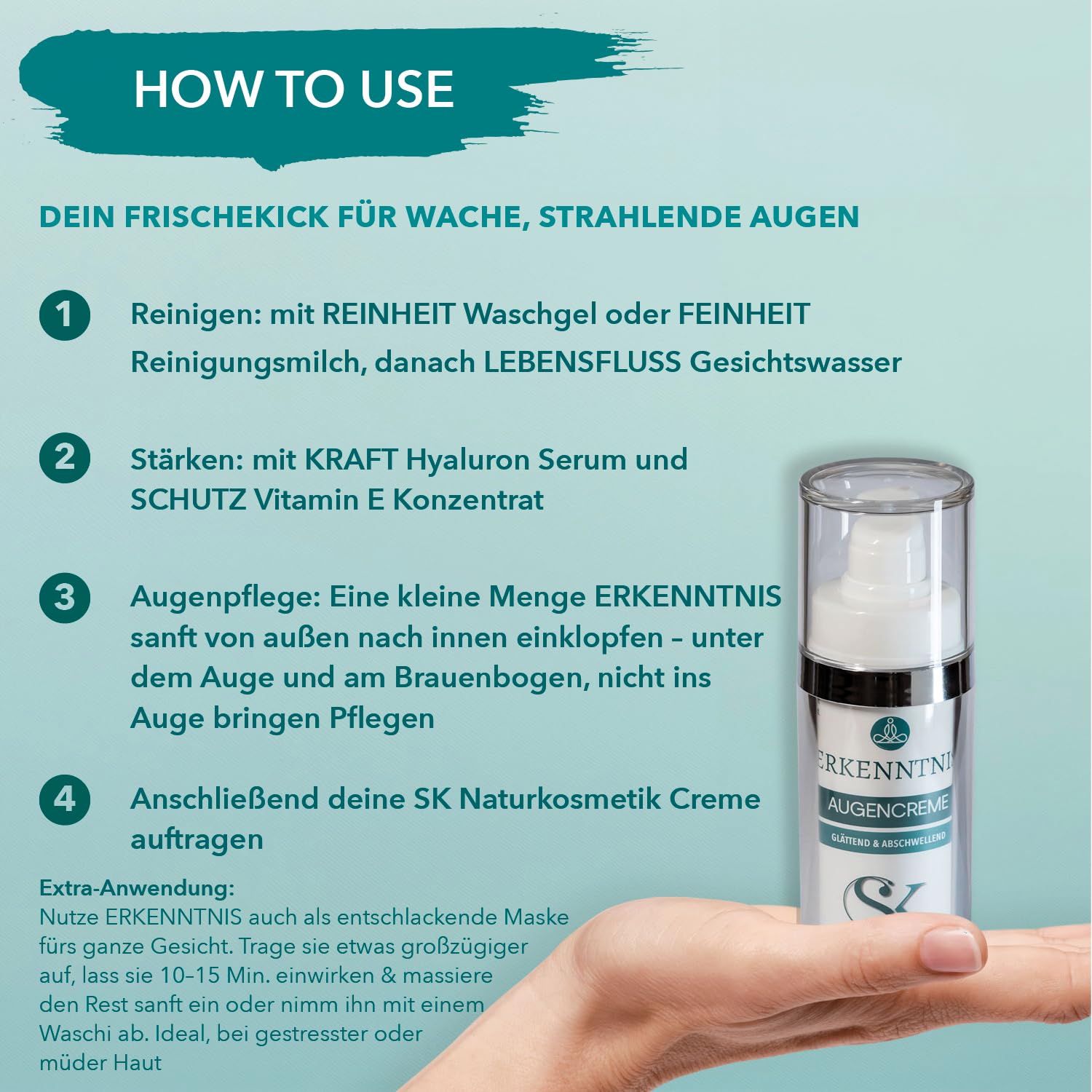 SK Naturkosmetik ERKENNTNIS Augencreme – Frischekick für wache, strahlende Augen | abschwellend & glättend mit Koffein, Myrthenöl & kolloidalem Silber | parfumfrei & allergikerfreundlich