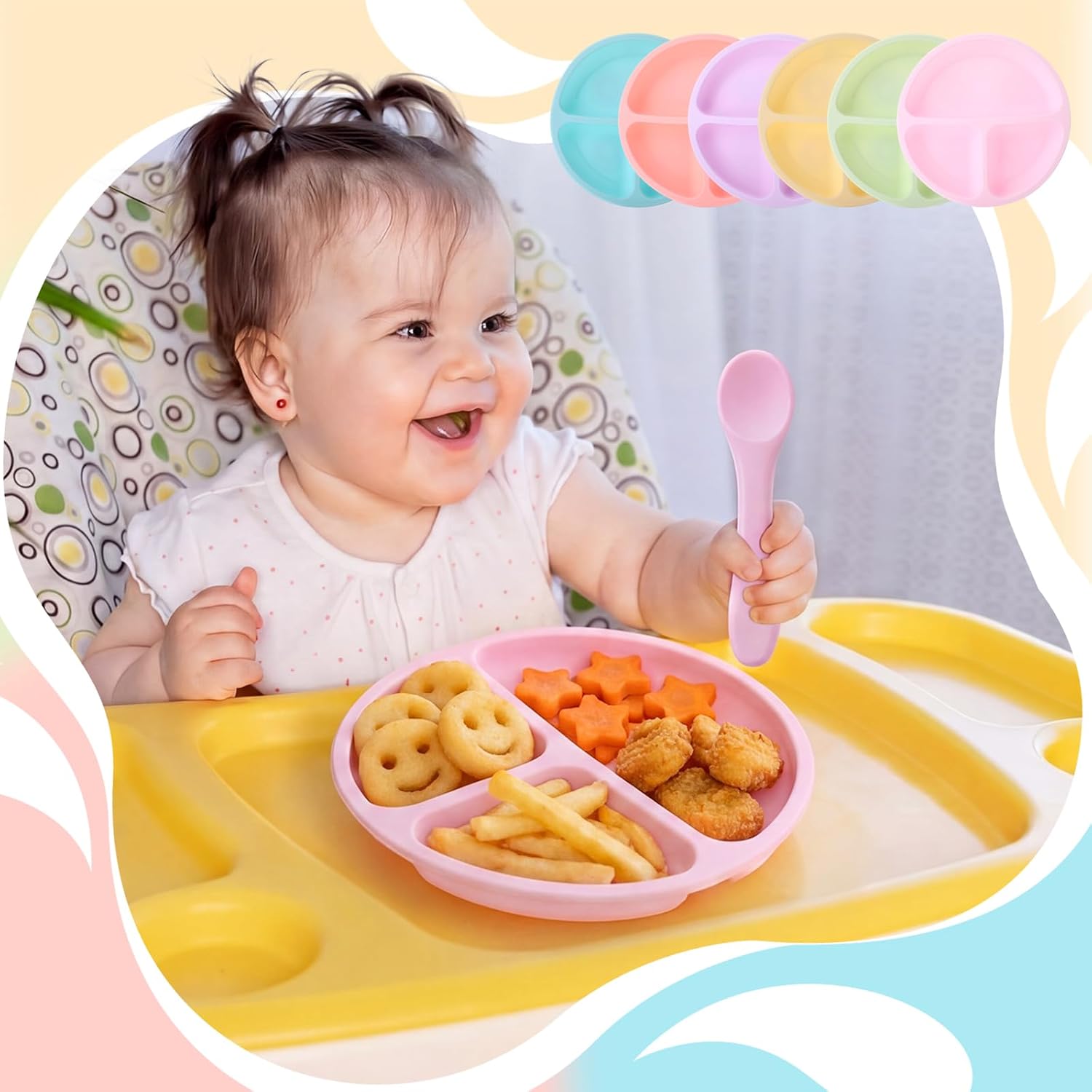 Meanplan 6 Pack Suction Plates for Toddlers with Lids Silicone Baby Plates set Food Grade Silicone Divided Design BPA Free Microwave and Dishwasher Safe Assorted Colors (Macaron Colors)